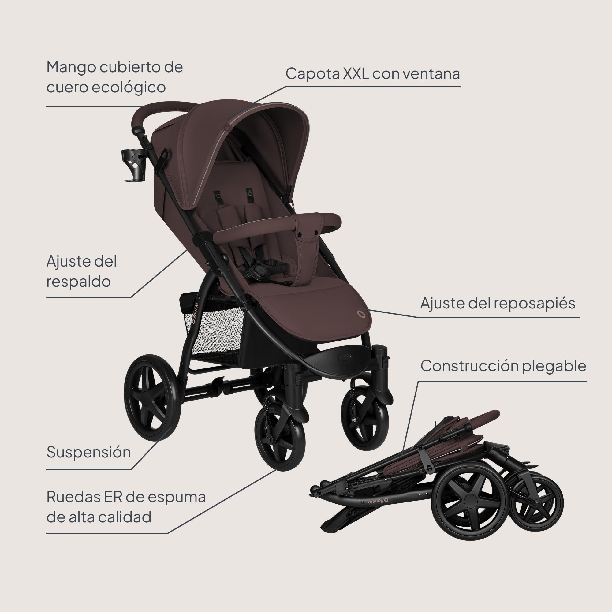 LIONELO Annet Silla de Pase Para niños hasta 22 kg 0-48M ajuste del respaldo hasta posición horizontal Capucha XXL Plegable fácil con ventana Mosquitera (Chocolate Negro)