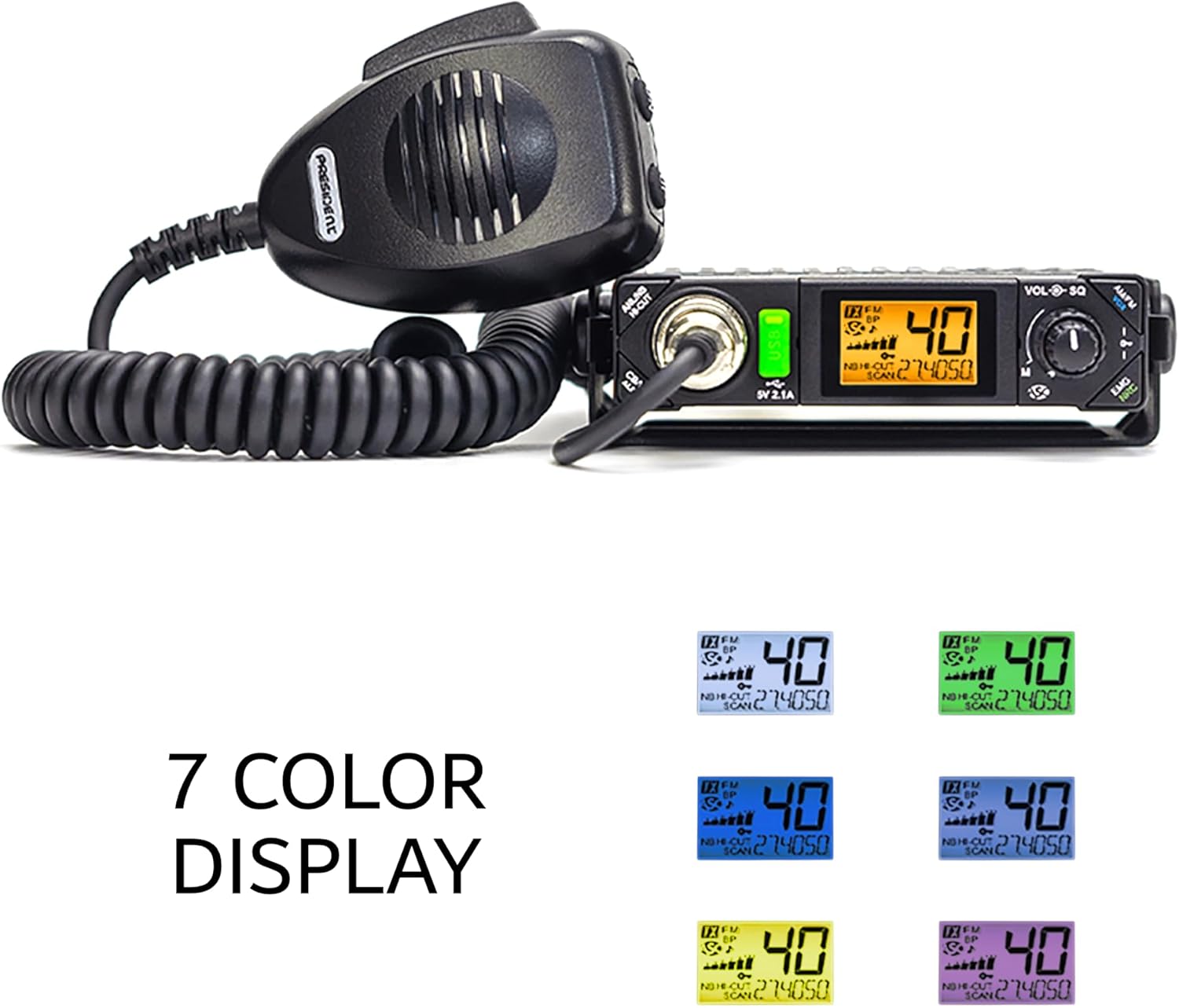Bill III FCC AM/FM CB Radio with DIGIMIKE Microphone, Ultra-Compact with P Channels, NRC, Weather Channel, Scan Skip, ASC, VOX, USB Port, 7 Color Display with Lumintrail Keychain