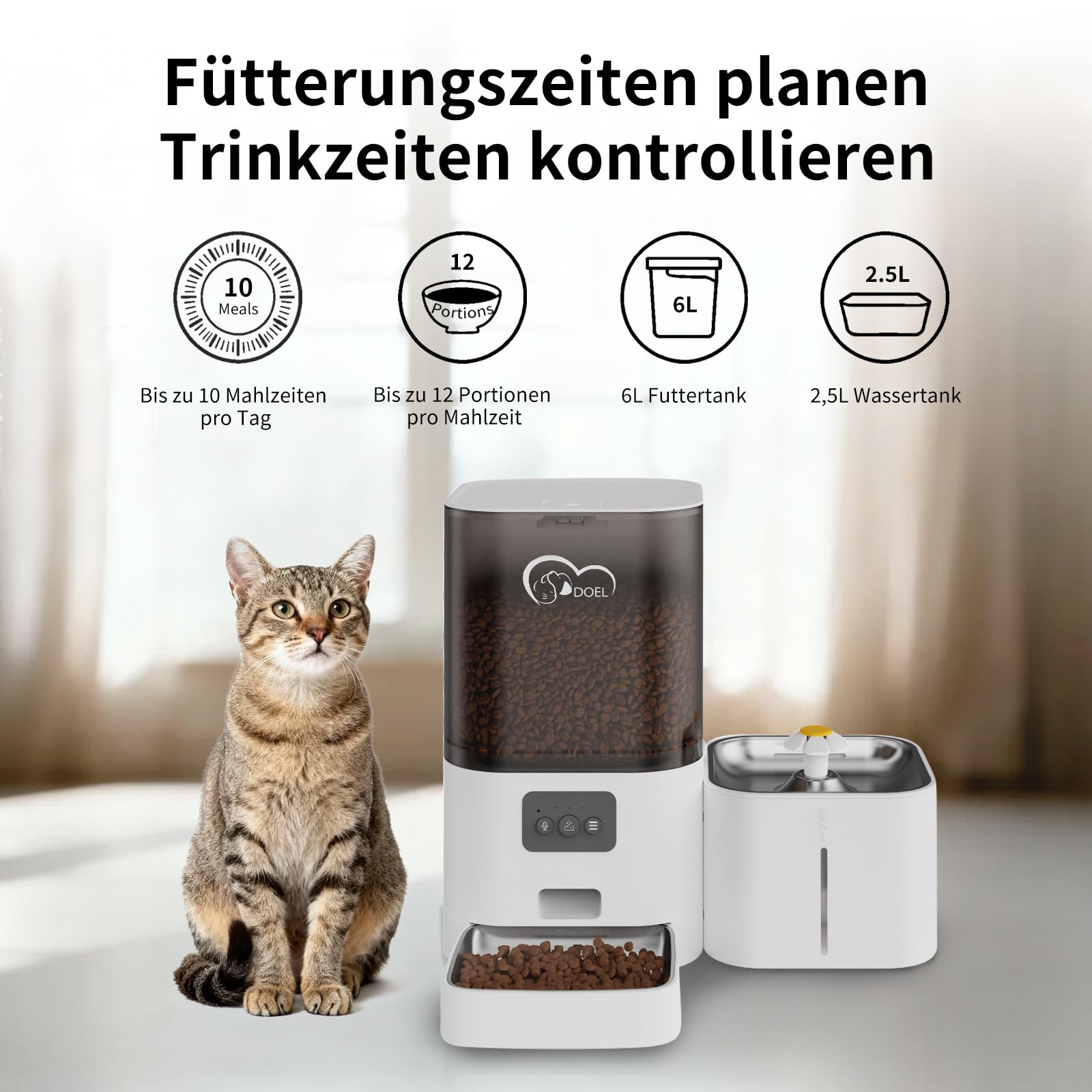 DOEL Distributore automatico di cibo e acqua 2 in 1 per gatti, dispenser di cibo secco di grande volume da 6 litri + dispenser d'acqua da 2,5 litri con controllo app, registrazione vocale