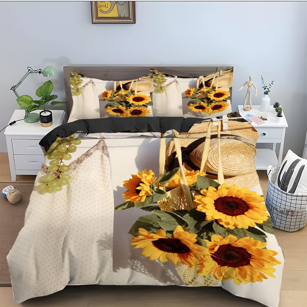 Housse de couette 220x240 en microfibre premium 110g fine parure de lit tournesol blanc adulte