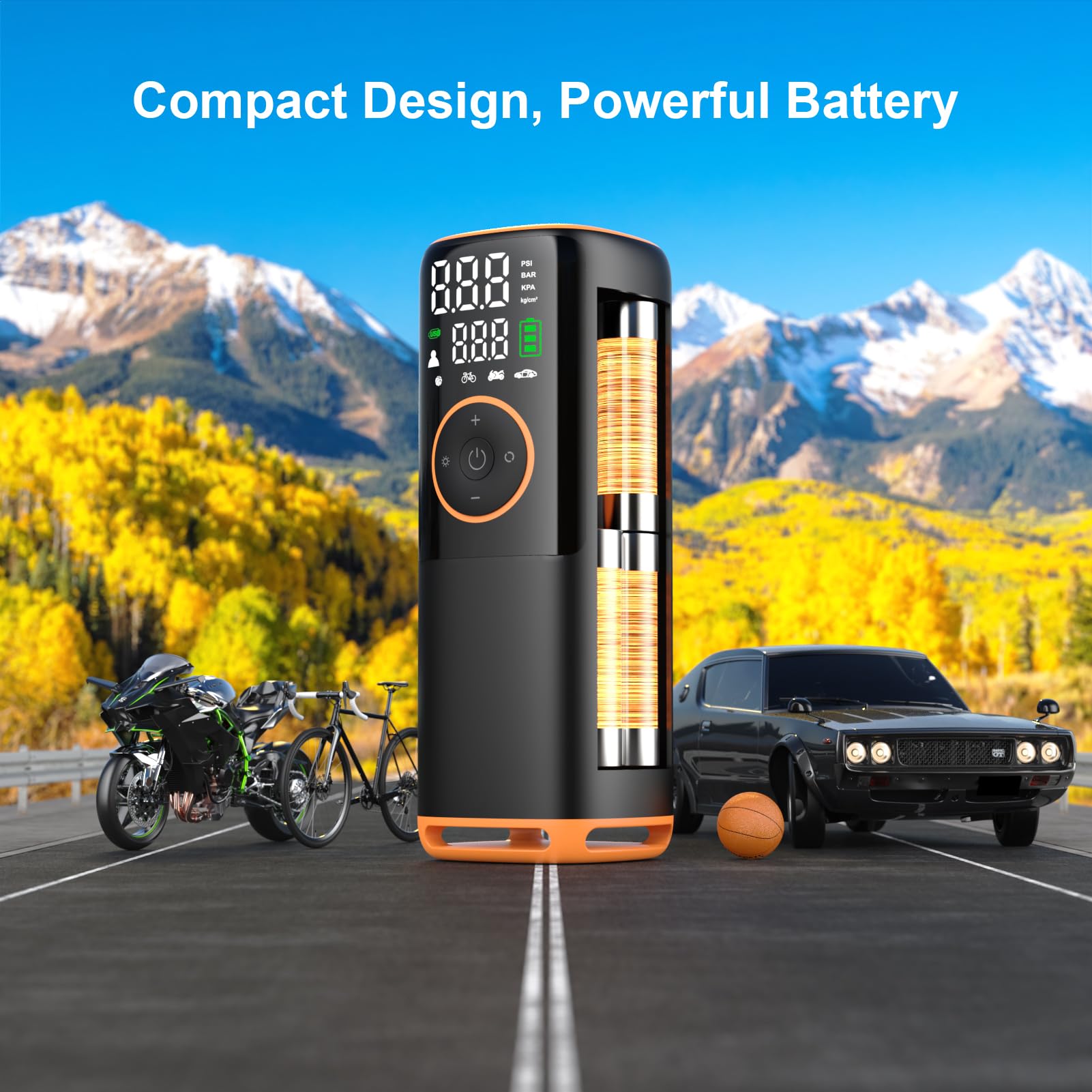 H1Fa HD Compressore d'aria portatile da 160 psi, compressore d'aria portatile per auto, 6000 mAh, ricaricabile, senza fili, con display a doppio schermo e manometro per pneumatici