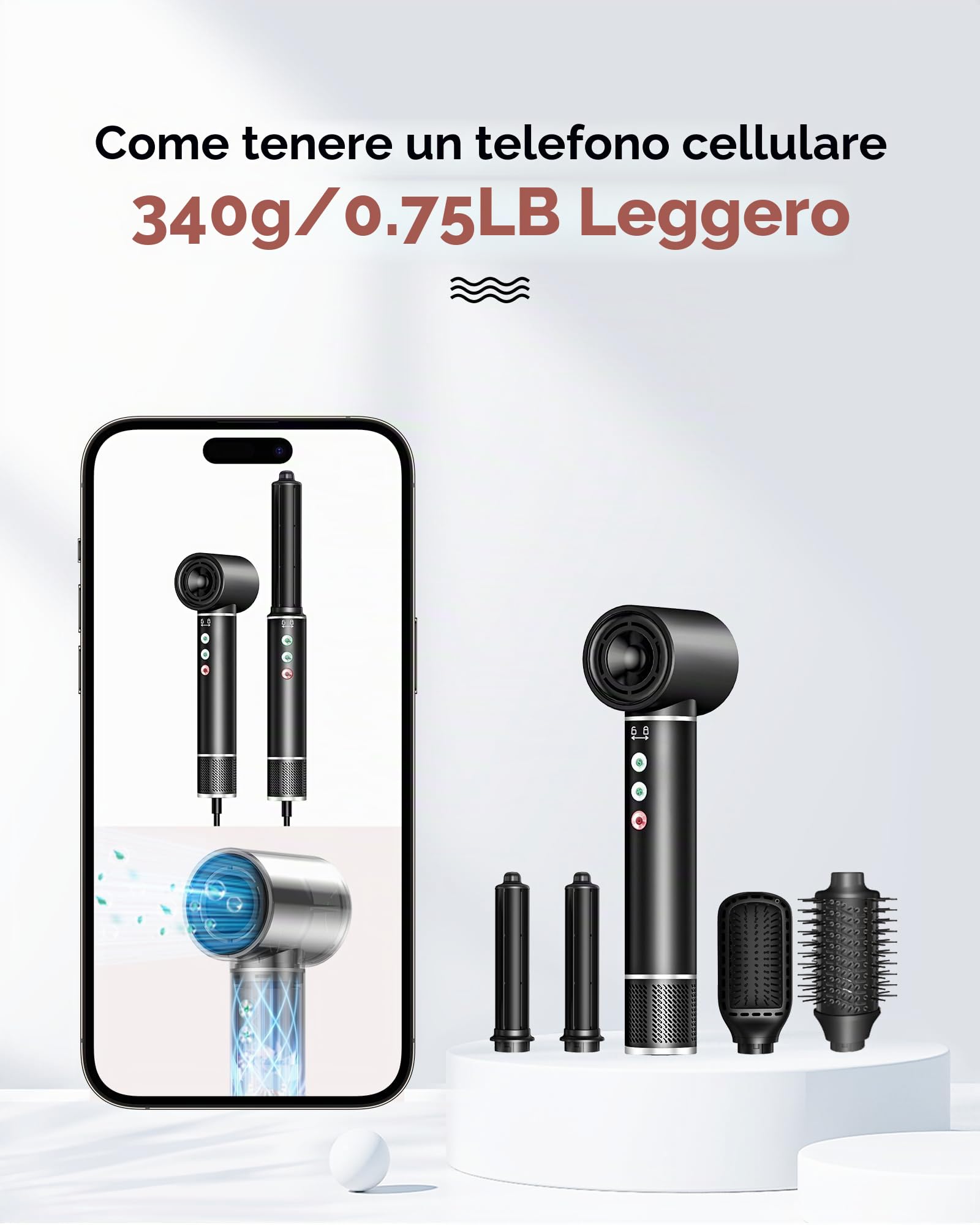 Air Styler 5 in 1, Asciugacapelli 110000 RPM 20m/s, Asciugacapelli Styler con Hairstyler, Arricciacapelli ad aria, Spazzola Lisciante, Styler Capelli, Solo 340g, Leggero e Silenzioso