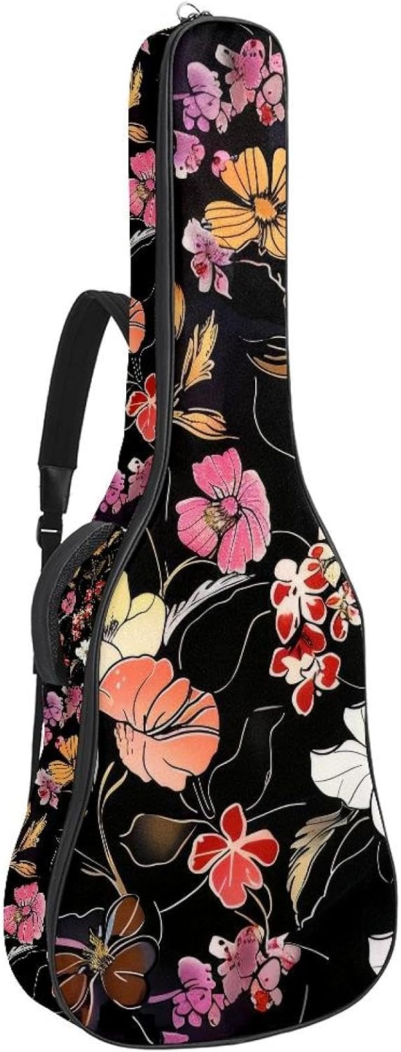 Acoustic Guitar Gig Bag 10mm Thick Padding, Soft Waterproof Guitar Case with Adjustable Backpack Straps for 40-42 Inch Guitar, Colorful Floral on Black Background