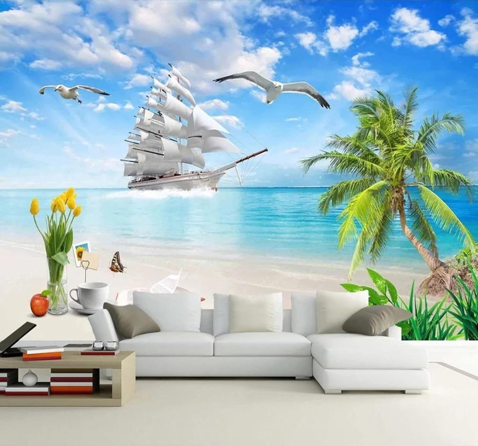 XLMING Beautiful Beach Sailing Boat Coconut Tree Seascape 3D Wallpaper Luxury Home Dining Decor Paste Sofa Living Room The Wall for Bedroom Mural-430cm×300cm