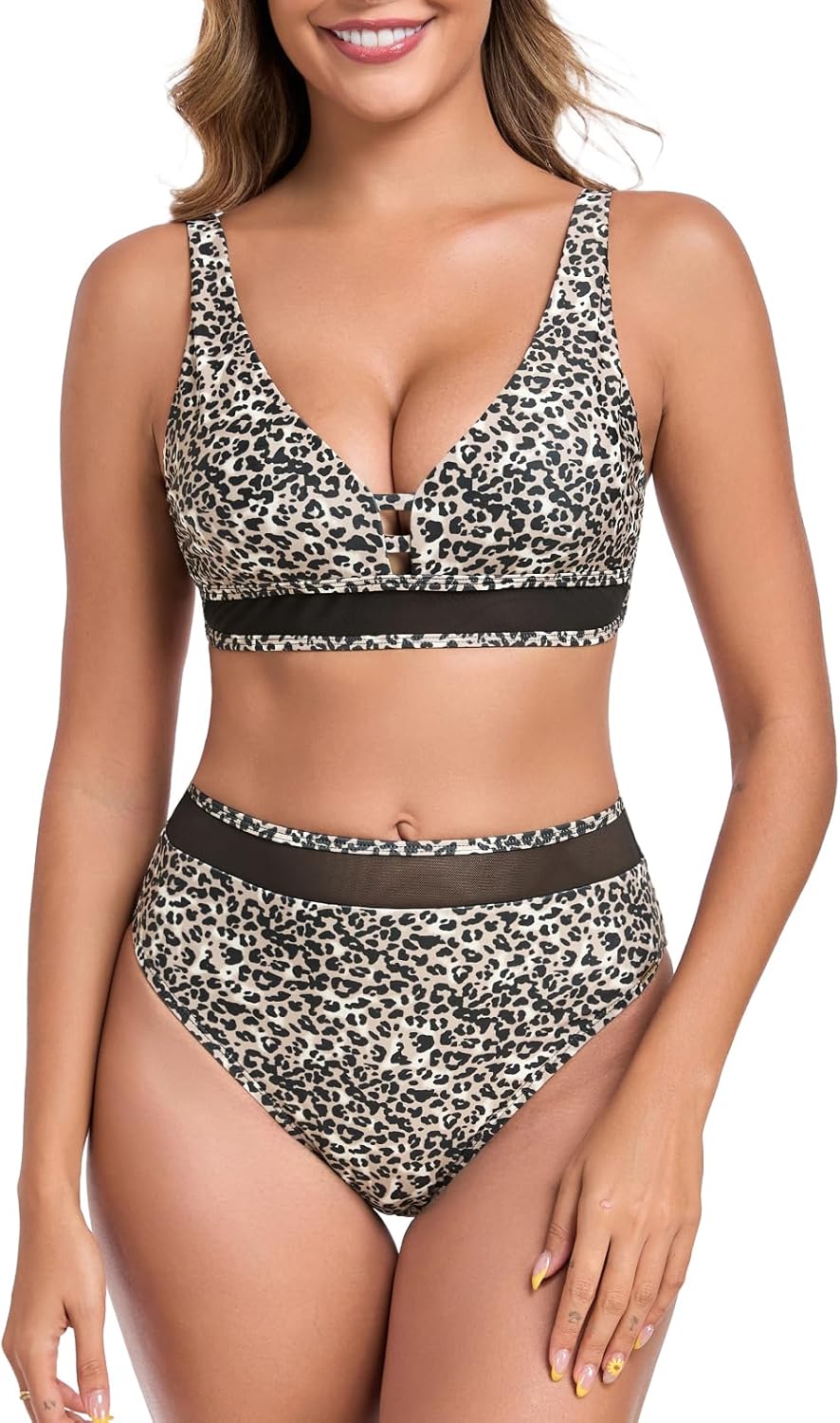 RELLECIGA Women's V Neck Bikini Set Mesh High Waisted Tummy Control Bathing Suit 2 Piece Swimsuit Medium Leopard