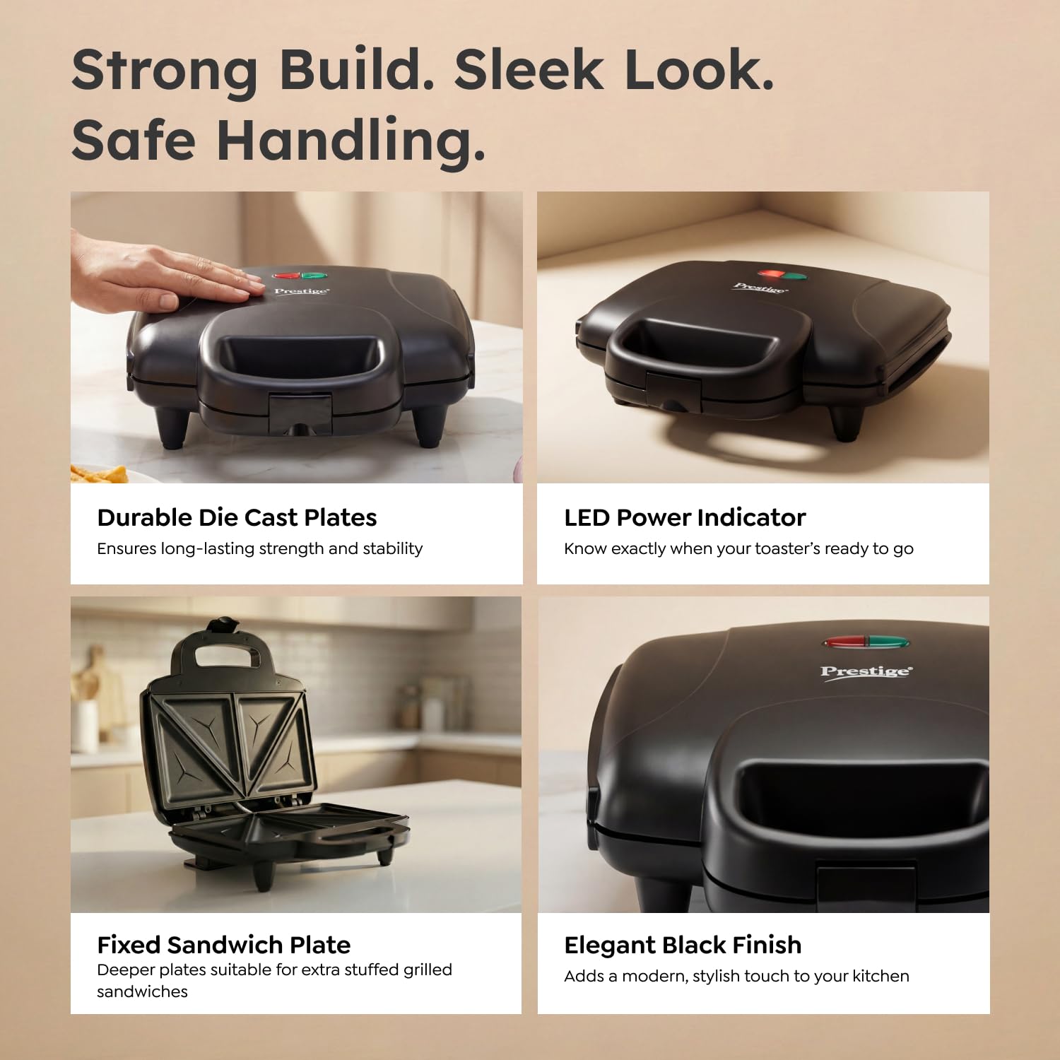 Prestige 800W Sandwich Maker (PSMFD 01)| Black | Heat Resistant Bakelite Body|Non-Stick Coating | Power Indicators | Oil Free Toasting 4