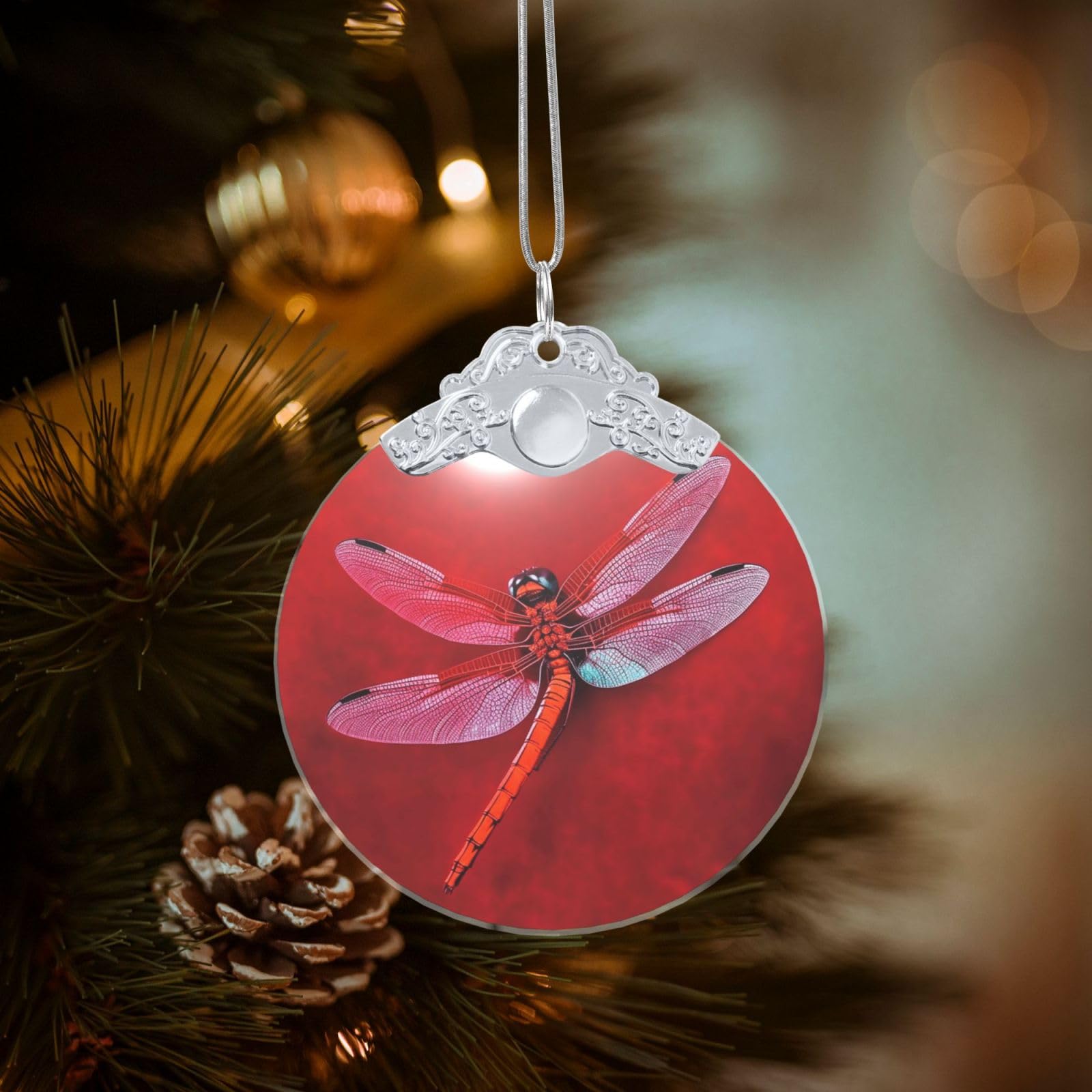 Crystal Christmas Ornaments for Christmas Tree Decoration Hanging Dragonfly on Red Background Ornament with Gold Ribbon Crafts Round Pendant for Keepsake Gifts Glass Xmas Decor Party Supplies