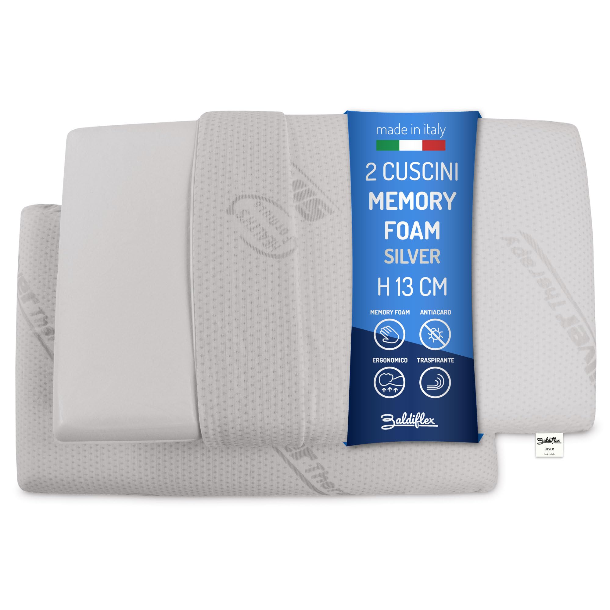 Baldiflex - Coppia di Cuscini in Memory Foam - Modello Saponetta - Fodera in Silver Safe