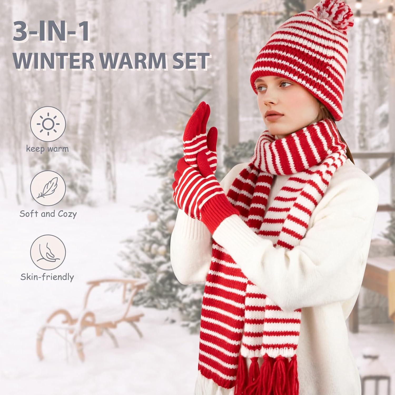 Winter Beanie Hat Scarf Gloves Set for Women Warm Fleece Knit Pompom Hat Long Scarf Touchscreen Gloves Winter Sets - Image 5