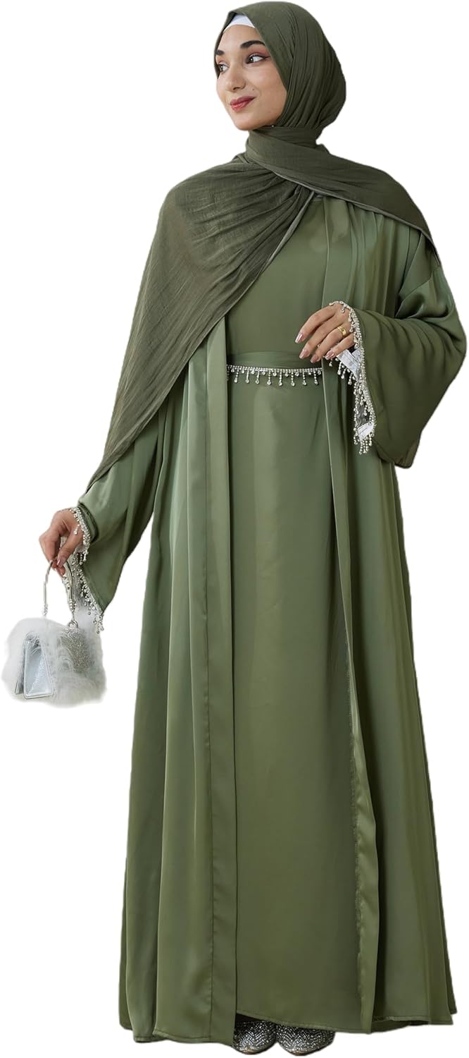 Abaya Set for Women 4 Piece Satin Elegant Abaya Dress with Belt and Hijab Wedding Eid Mosque Formal Wear