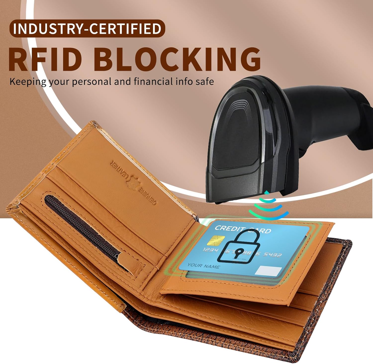 Full Grain Leather Bifold Wallet, RFID-Blocking for Men, Rodeo Style with 10 Slots (Brown, Stars), Gift - Image 4