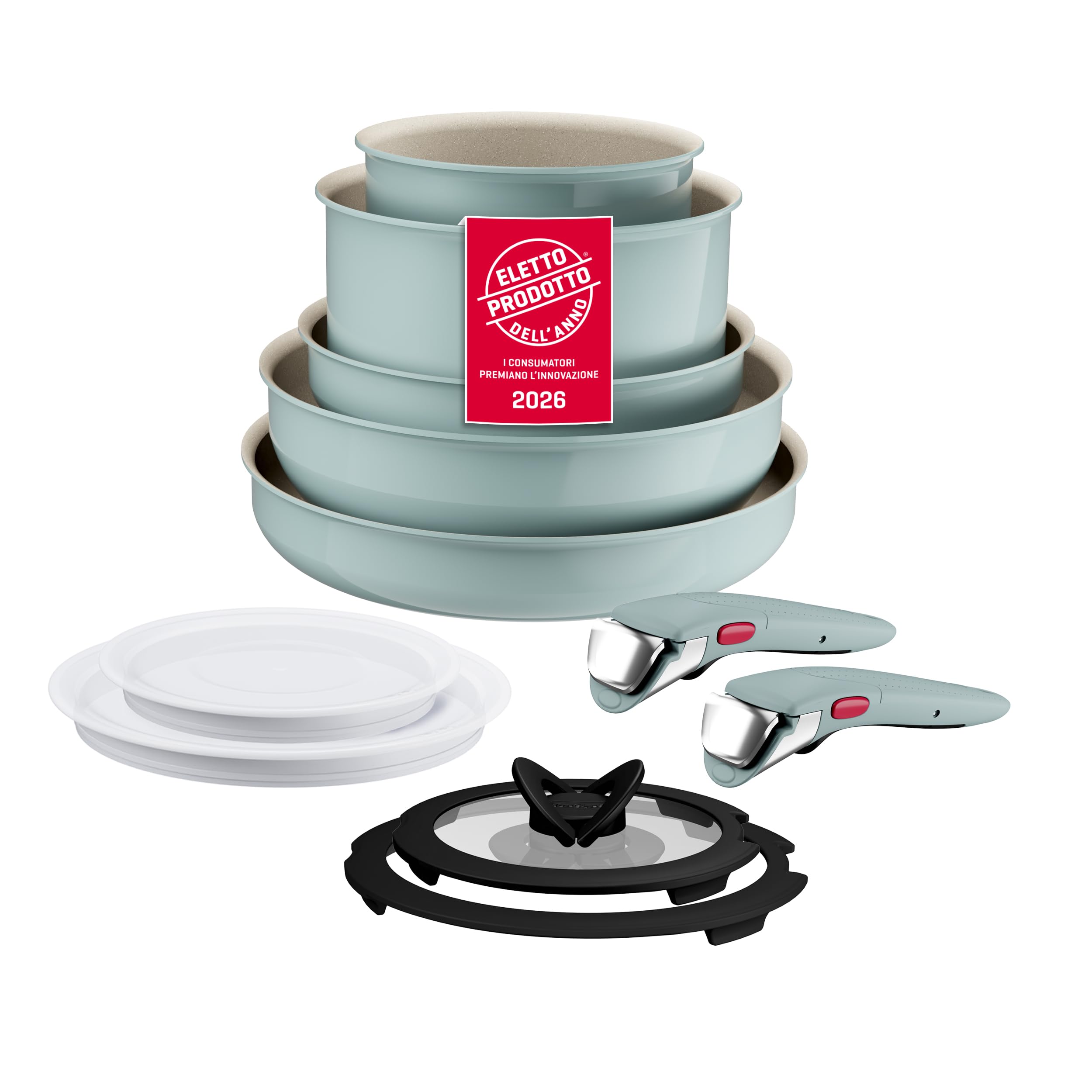 Lagostina Ingenio Pastel, Set di Padelle Antiaderenti 11 Pezzi con Manico Rimovibile, Compatibili con Induzione e Forno, Design Salvaspazio, Colore Salvia