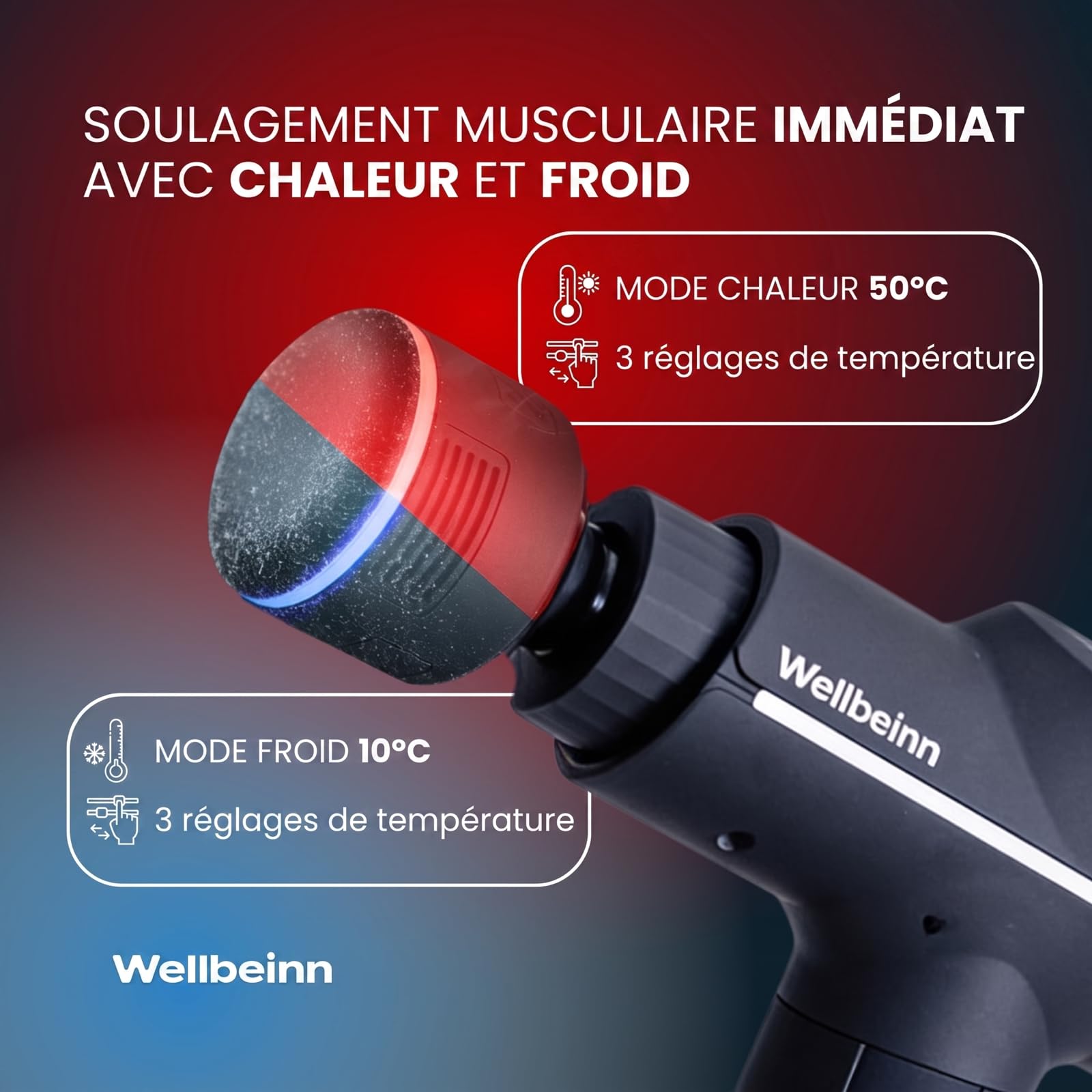 WELLBEINN Pistolet de Massage Musculaire Chaud et Froid | Massage Gun Professionnel Tissus Profonds | 5 Vitesses | 5 Têtes de Massage