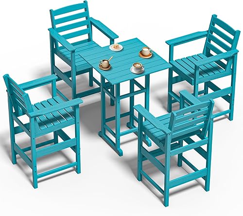 nevilywood Juego de 5 piezas de sillas altas para bar de exterior estilo Adirondack – 4 sillas Adirondack con mesa de bar, muebles de patio todo