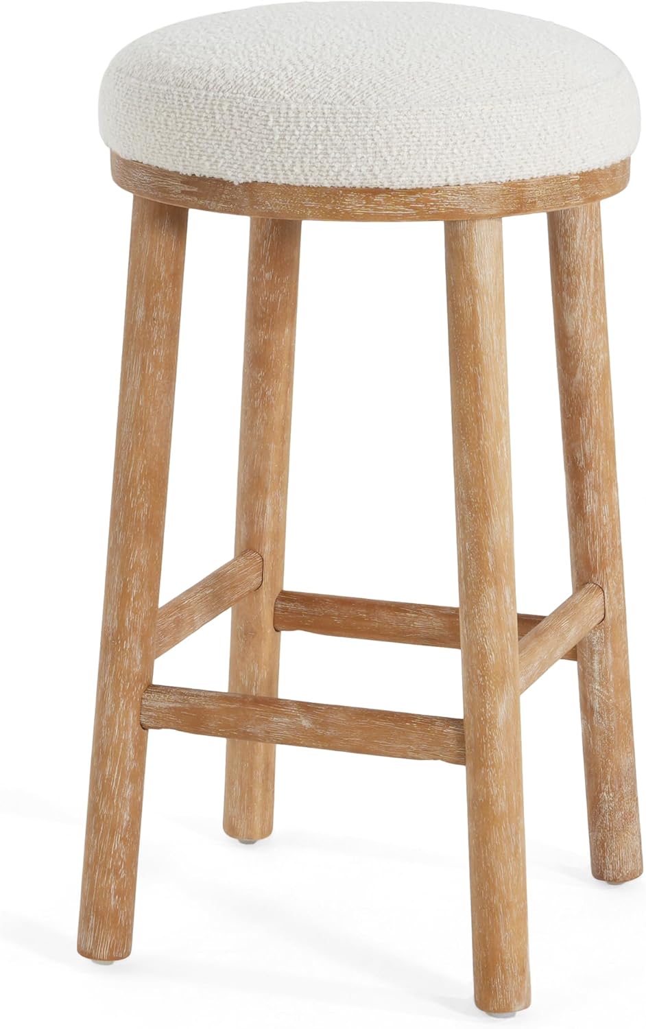 Christopher Knight Home Aubrie Counter Height Bar Stools Set of 2, Boucle Fabric Round Bar Stool for Kitchen Island, Wooden Backless Dining Room Chair, Counter Stool with Footrest, Natural+Milky White