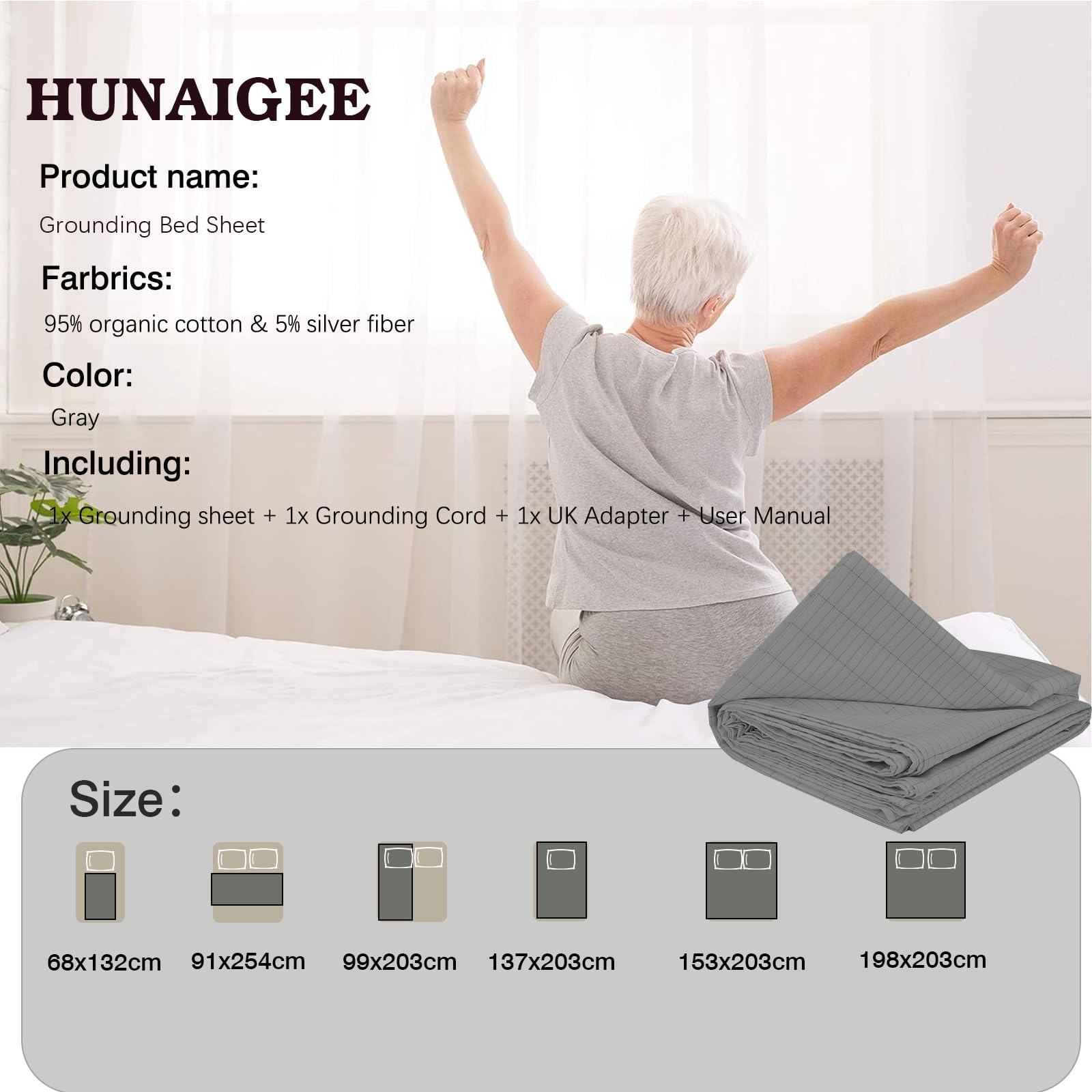 Earthing UK - Lenzuolo conduttivo in fibra d'argento, 137 x 203 cm, in cotone organico grigio