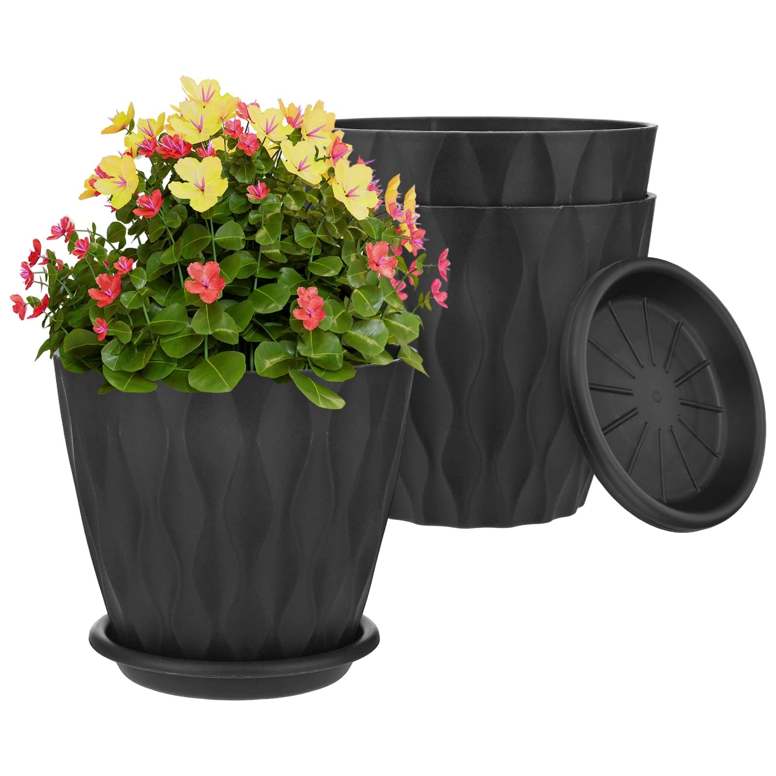 M METERXITY 3-Set Plant Pots, 6 Inch Plastic Water Ripple Flower Pots with Drainage Hole and Tray Saucer for Outdoor/Patio/Garden/Home Decor, Planters for Indoor Plants [Black]