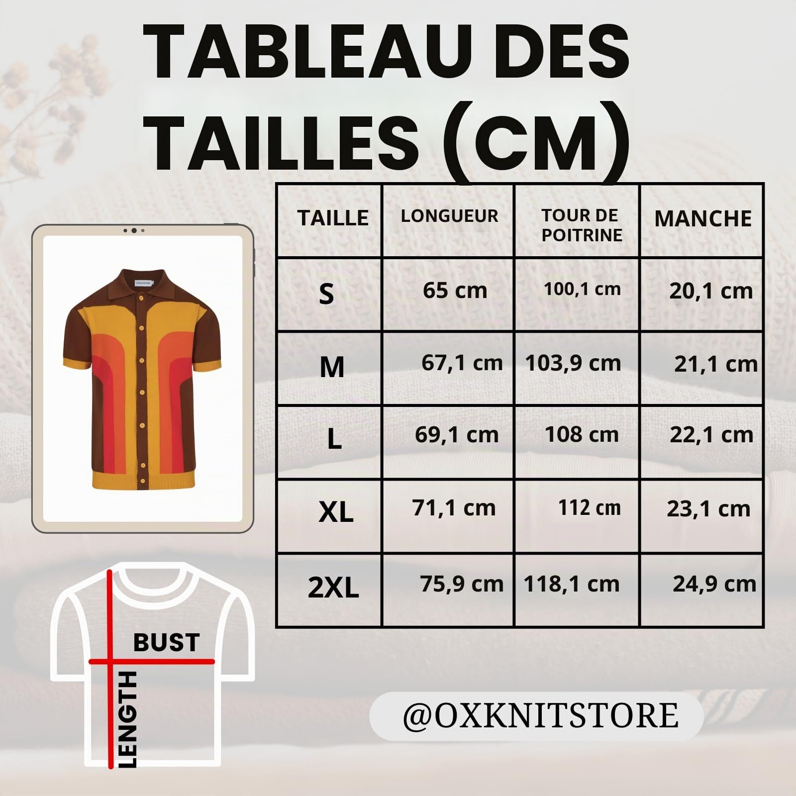 OXKNIT Polo Hommes Manches Courtes Rouge Noir Chevron Polo Button Down T-Shirt en Tricot des Années 1960