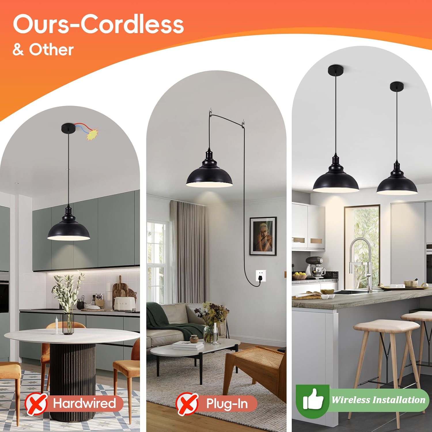 Black Battery Operated Pendant Lights 2 Pack, Modern Rechargeable Pendant Lighting with Remote, Pendant Light Fixtures for Kitchen Island, Industrial Hanging Lights for Dining Room Hallway Entryway