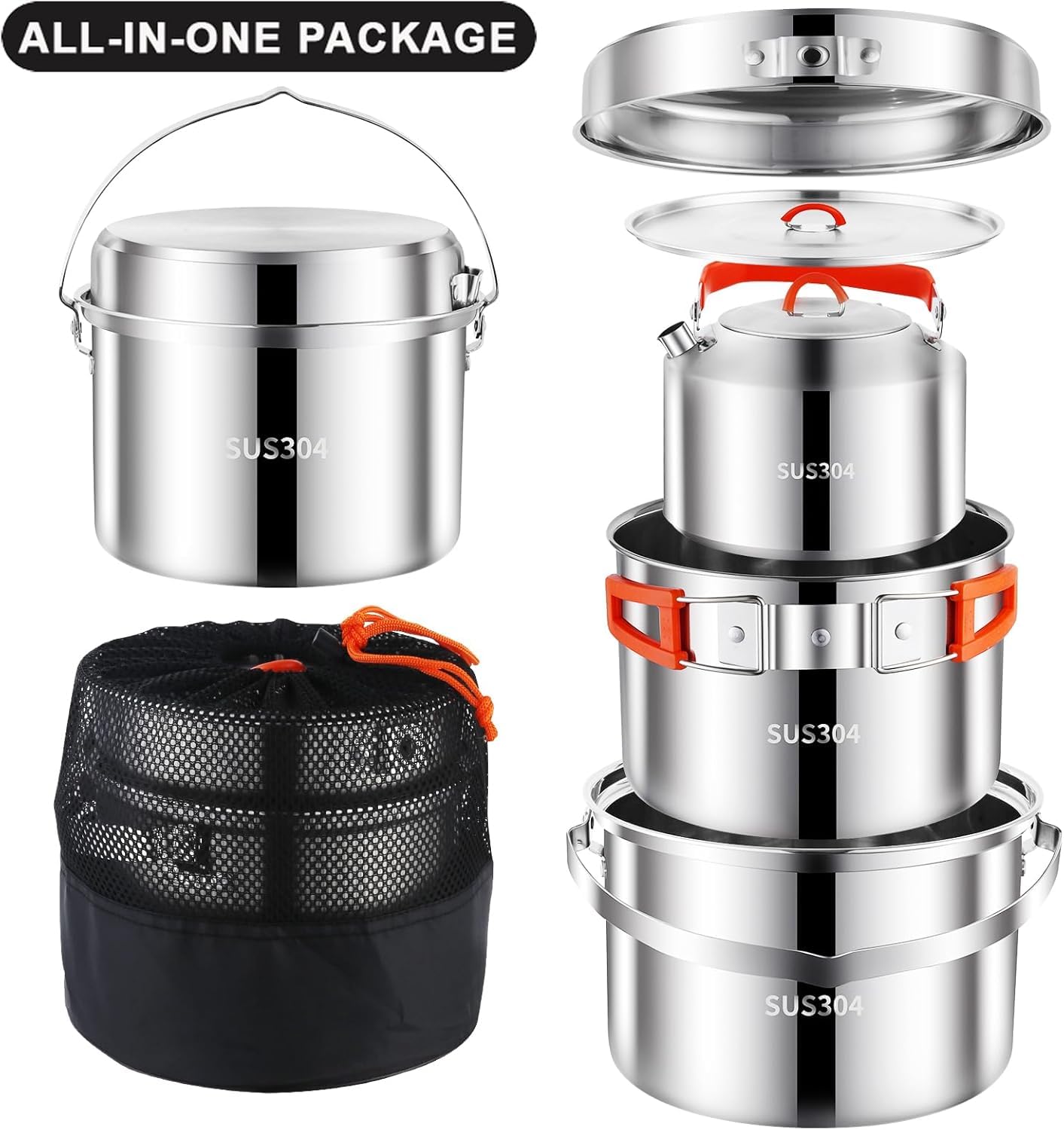 Set di pentole da campeggio, set da cucina da campeggio, in acciaio inox 304, set di pentole e padelle, durevole attrezzatura da campeggio con bollitore per escursioni, cucina all'aperto, picnic