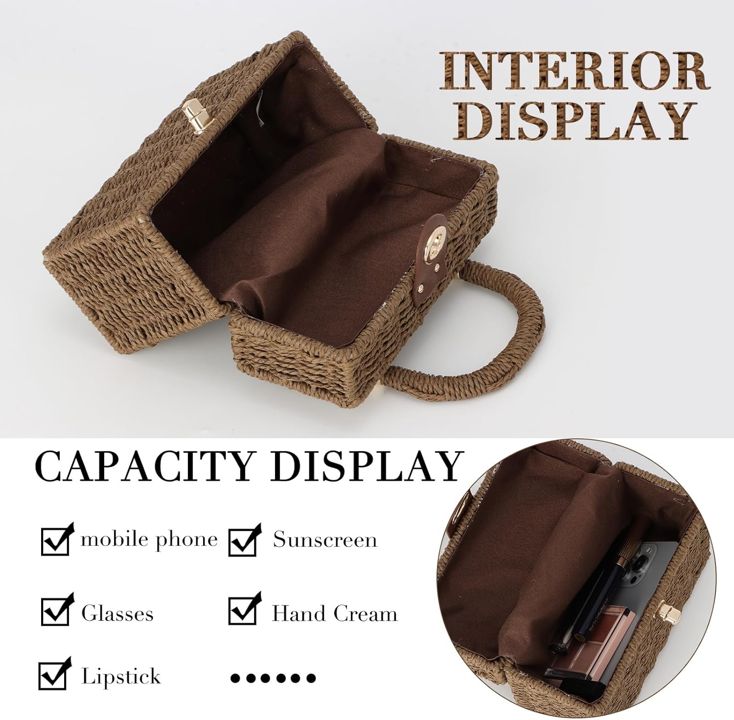 Fecialy Women Handwoven Rattan Handbag Beach Straw Tote Bag Square Boho Crossbody Bag - Image 6