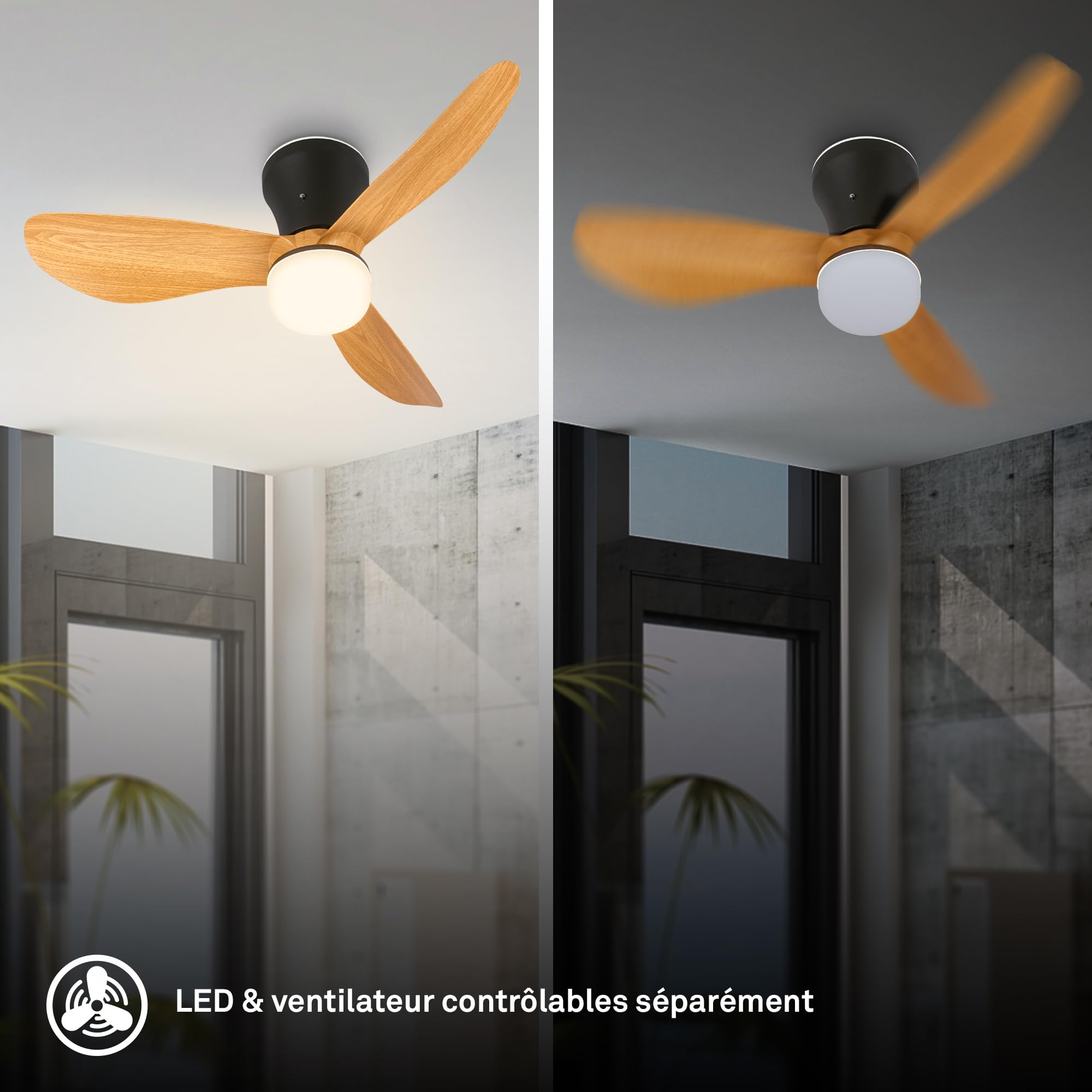BRILONER - Plafonnier ventilateur de plafond LED avec éclairage, télécommande, moteur DC silencieux à 3 vitesses, CCT et intensité réglable, pales amovibles, plafonnier ventilateur, 78 cm, noir bois
