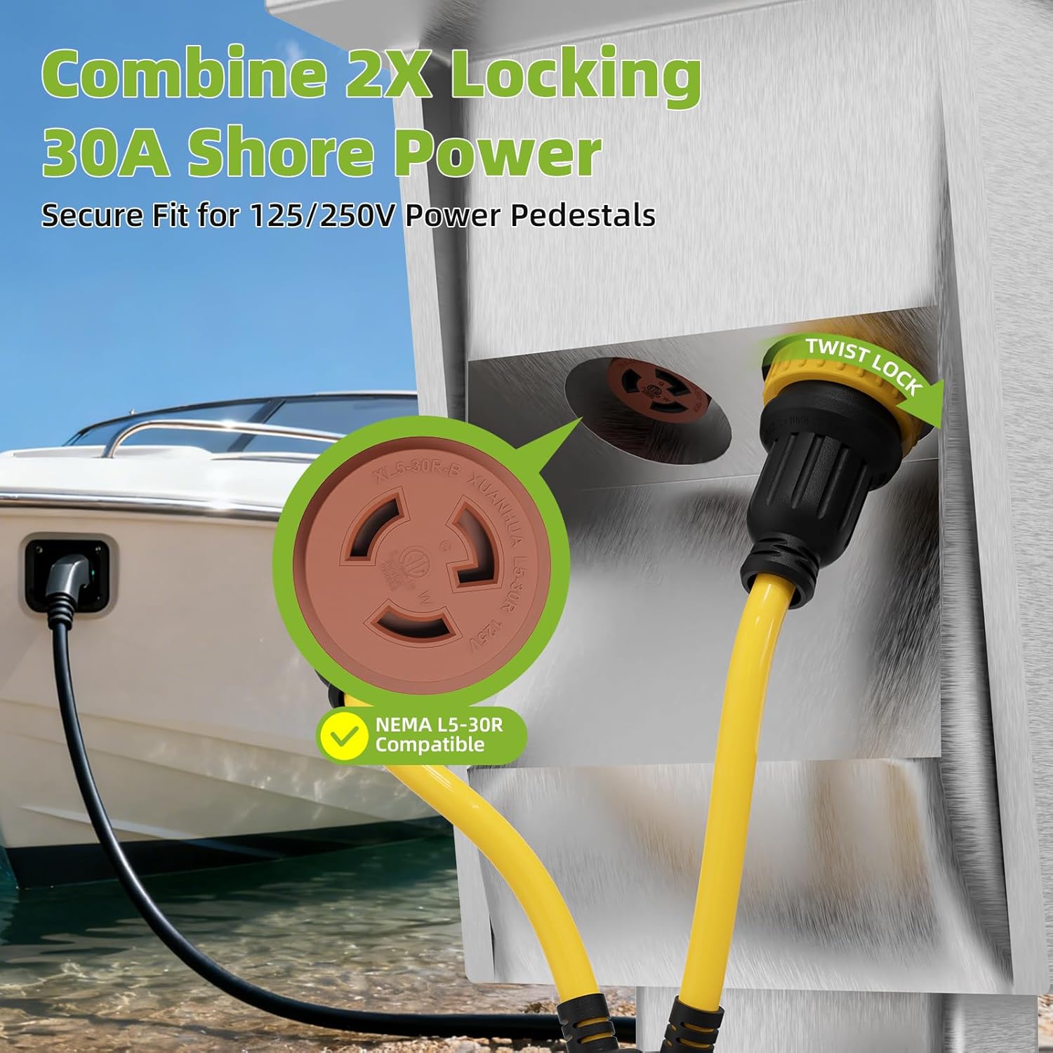 Dual L5-30P to SS2-50R Marine Shore Power Adapter Cord, Two 30 Amp 125V Male Plugs to 50 Amp 125/250V Female Connector, Heavy Duty STW 10AWG/6AWG, 3FT