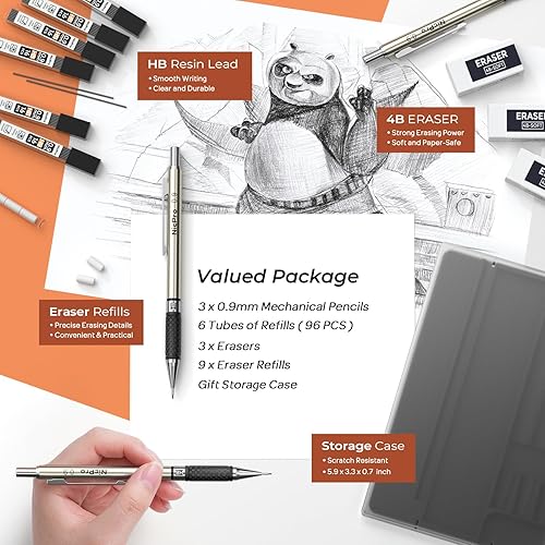 Miniatura 4 de 0.9 mm Mechanical Pencil Set with Case, 3PCS Metal Mechanical Pencils With 6 Tubes HB #2 Lead Refill, 3Erasers, 9Eraser Refills, Art Mechanical