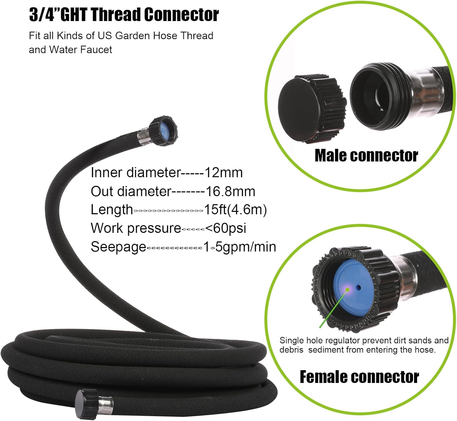 AMRITA 4 Pcs Soaker Hose Kit 1/2 inch 15ft.Round Rubber Soaker Hose for Garden,Save water up to 70%,Great for Garden Beds,Trees,Vegetables,Flowers and Seedinds.(1/2-15ftx4)
