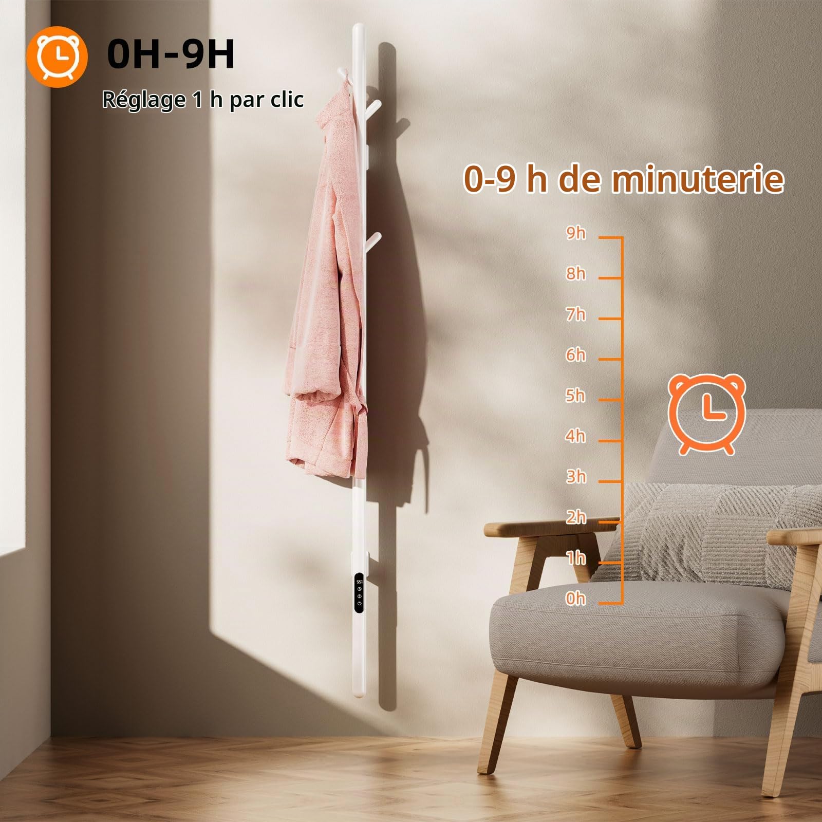 Seche Serviette Electrique, Porte-serviettes électrique à tige unique, Serviette Murale Intelligent à Température Constante, Chauffe-serviettes,Sèche Serviettes Électrique,économie d'énergie-White