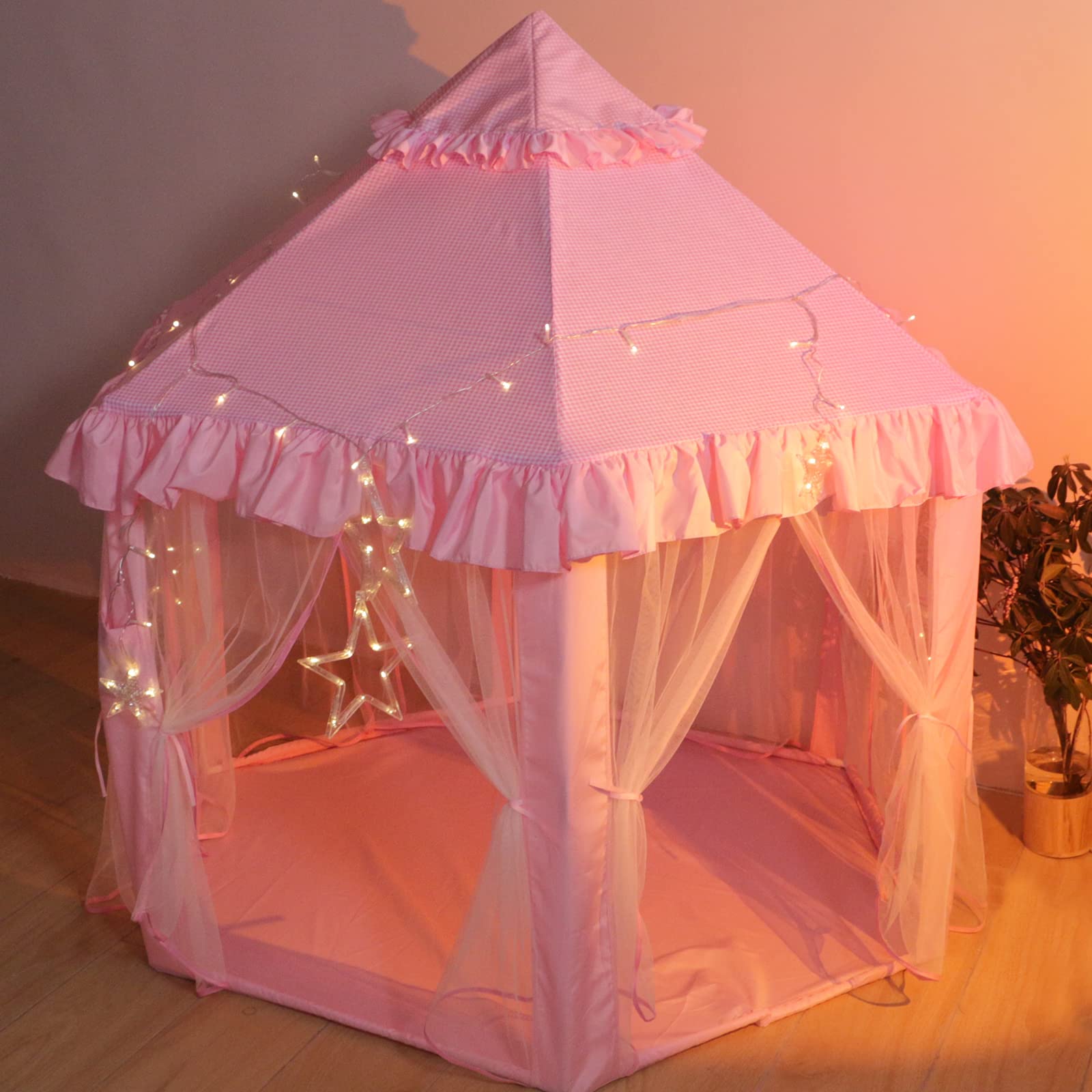 Tenda da gioco per bambini per ragazze - Tenda da gioco del castello della principessa, casa da gioco pop-up per interni e per esterni con luci stellari per bambini, regali per bambine da 3 a 9 anni