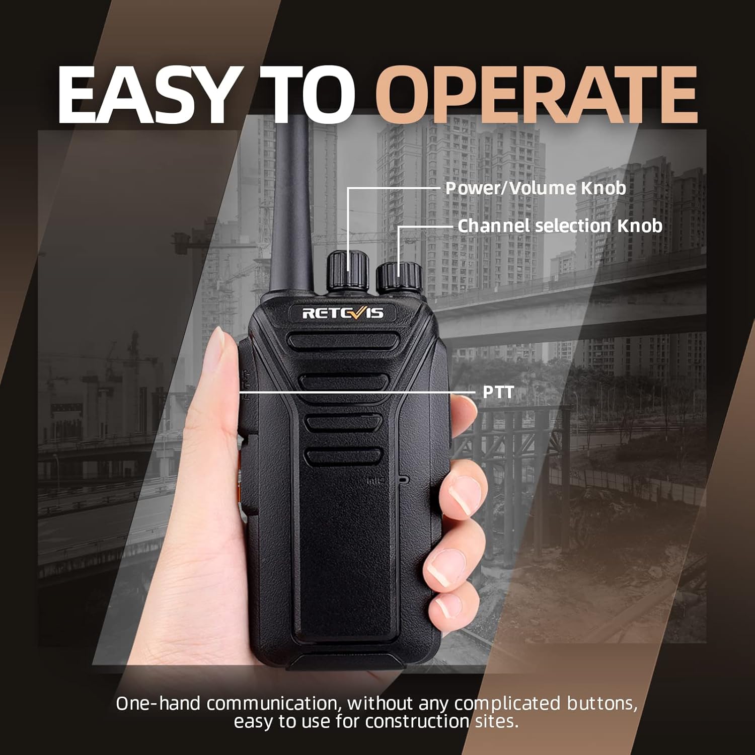 A hand holding a Retevis RT27 walkie talkie, with labels pointing to the Power/Volume knob, Channel selection knob, and PTT button.