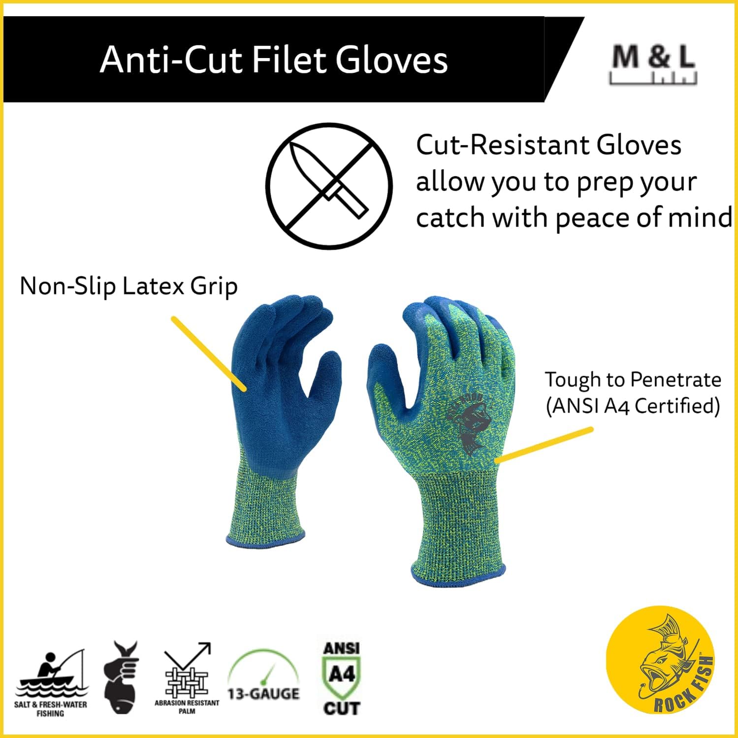 Rock Fish FP3703 Filet Gripper Fishing Gloves, Cut-Resistant Filet, Food Prep, Salt & Fresh Water