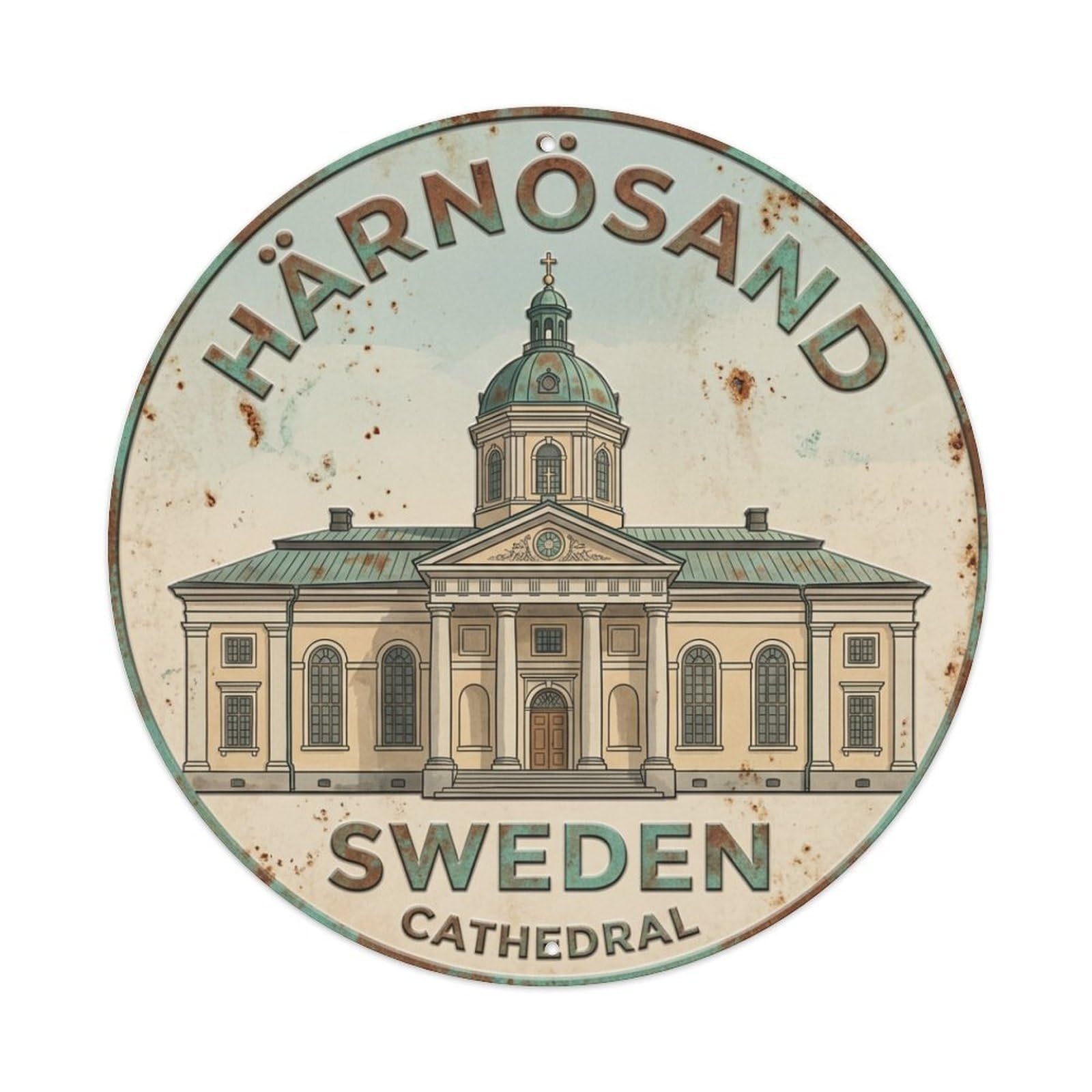 Vintage Travel Harnosand Sweden Cathedral Metal Tin Sign