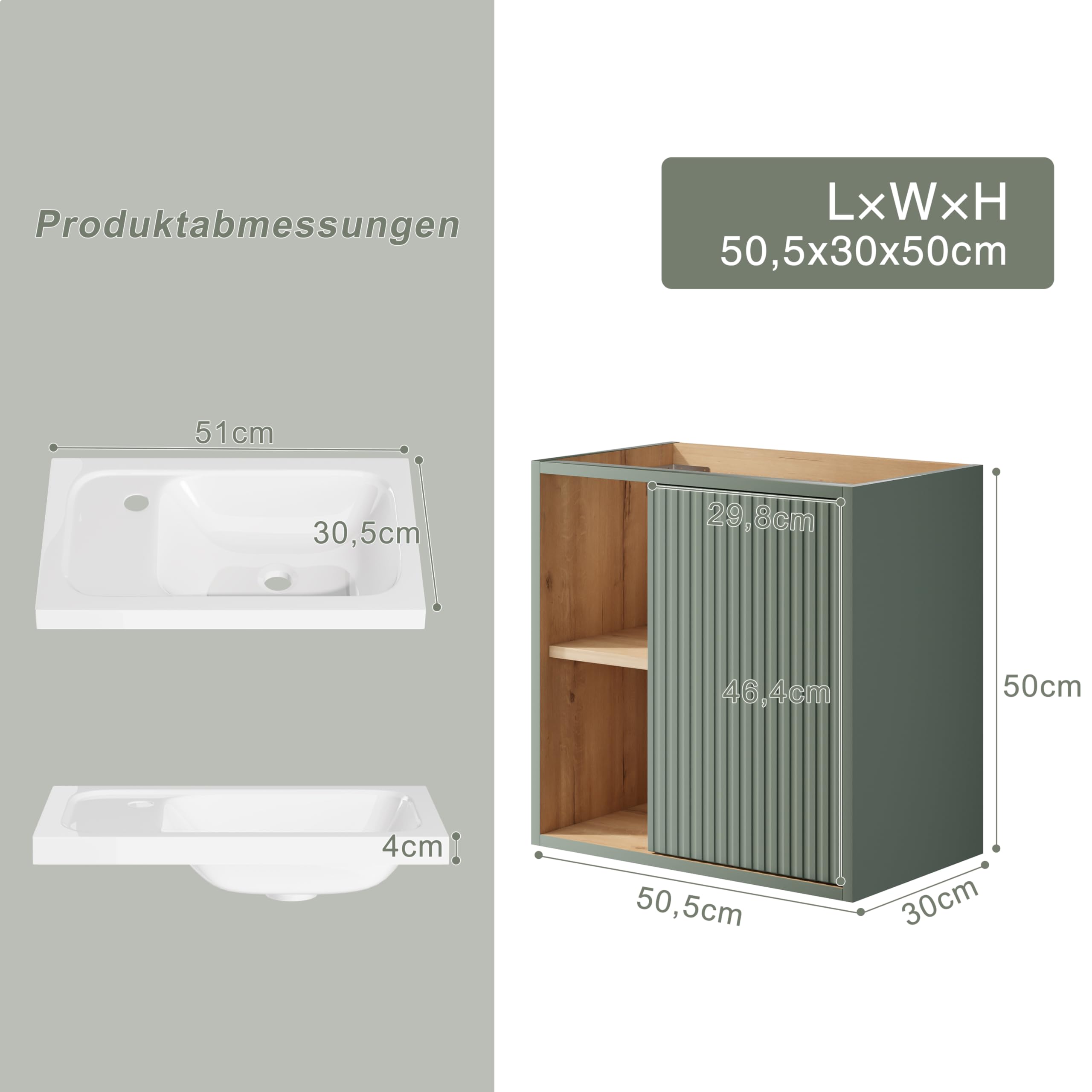 UEV Waschtisch mit Unterschrank hängend 50,5cm,Gäste-WC Waschtisch kleine, Waschbecken mit Wasserhahn, Waschtischunterschrank hängend, Waschplatz ausreichend Stauraum,Badmöbel Set für Badezimmer grün