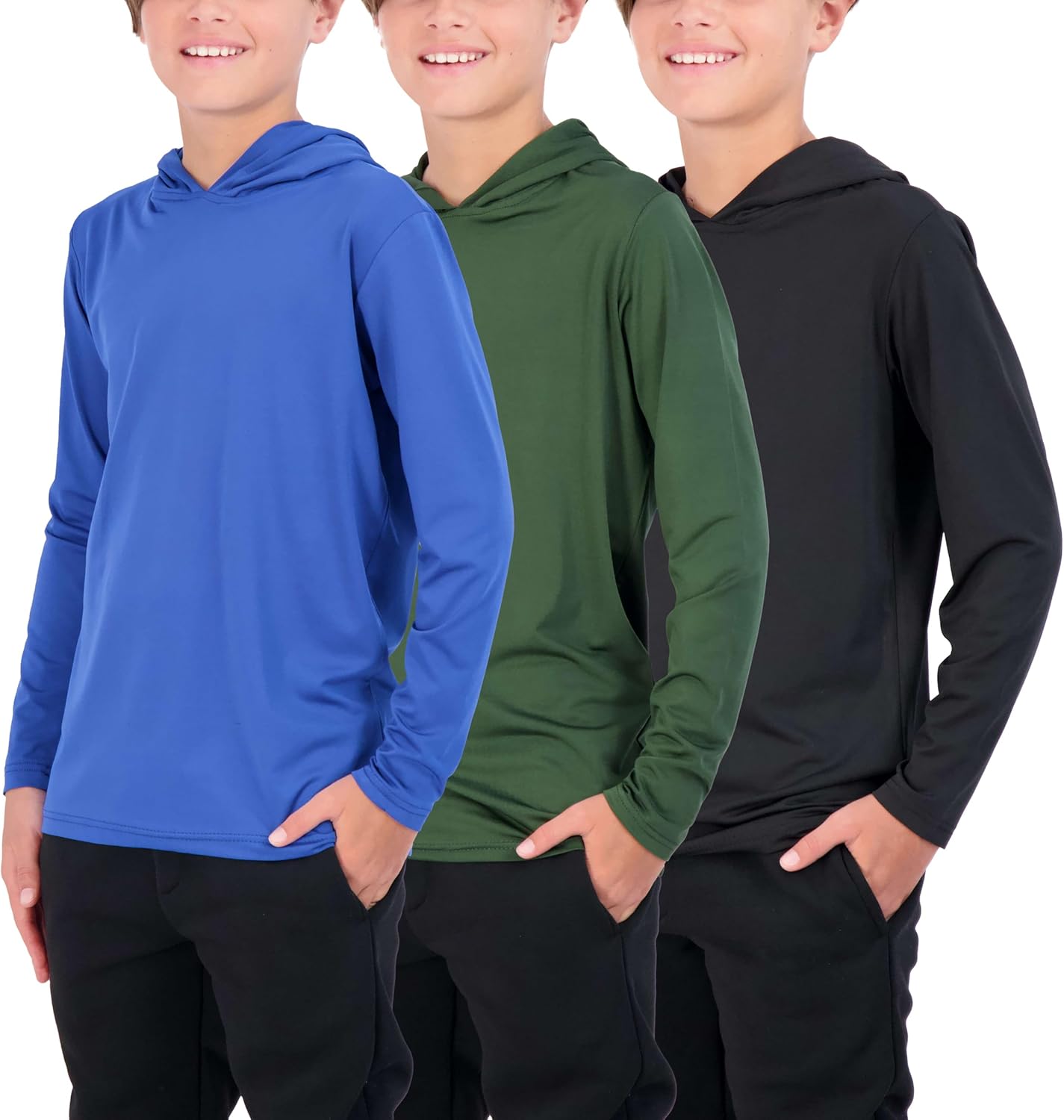Real Essentials 3 Pack: Dry-Fit Youth Boys Teen Active Long Sleeve Hoodie Sweatshirts - Hooded Pullover Shirts