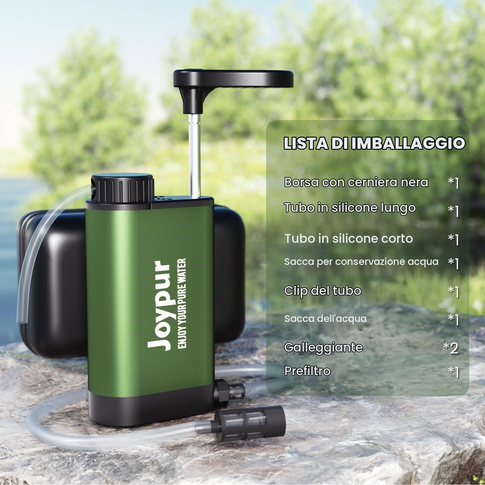 Filtro dell'acqua per esterni di sopravvivenza – Filtro acqua potabile in metallo con capacità di filtro da 6000 l depuratore d'acqua portatile per campeggio escursioni emergenze ecc. (Verde)