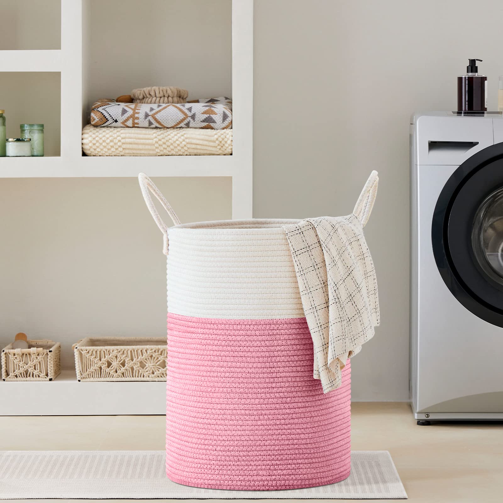 Viposco Grande cesto portabiancheria alto in corda intrecciata per coperte, giocattoli, vestiti sporchi in soggiorno, bagno, camera da letto, 100 l, rosa e bianco