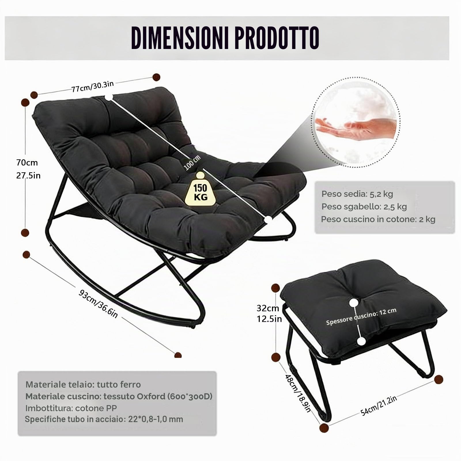 Soggiorno Comoda Sedia a Dondolo con Pouf,poltrone da esterno poltrona lettura,seduta dondolo,Sedia a Dondolo da Esterno,Poltrona da Lettura,Portata 150 kg,per Salotto Terrazza Camera. (Grigio)