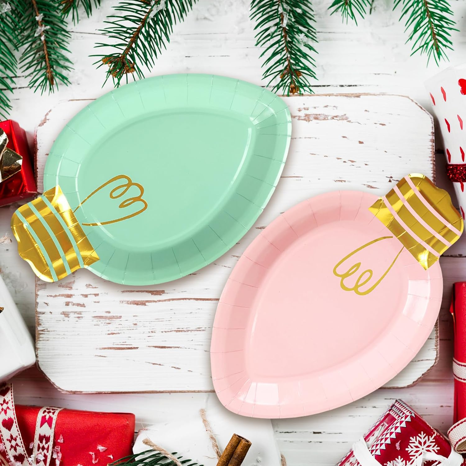 Whaline 40 Pcs Christmas Paper Plate Disposable Plates Boho Gold Foil Xmas Light Dinner Plate for Xmas Winter Party Table Decor Supplies, 10.4 x 6.7 In