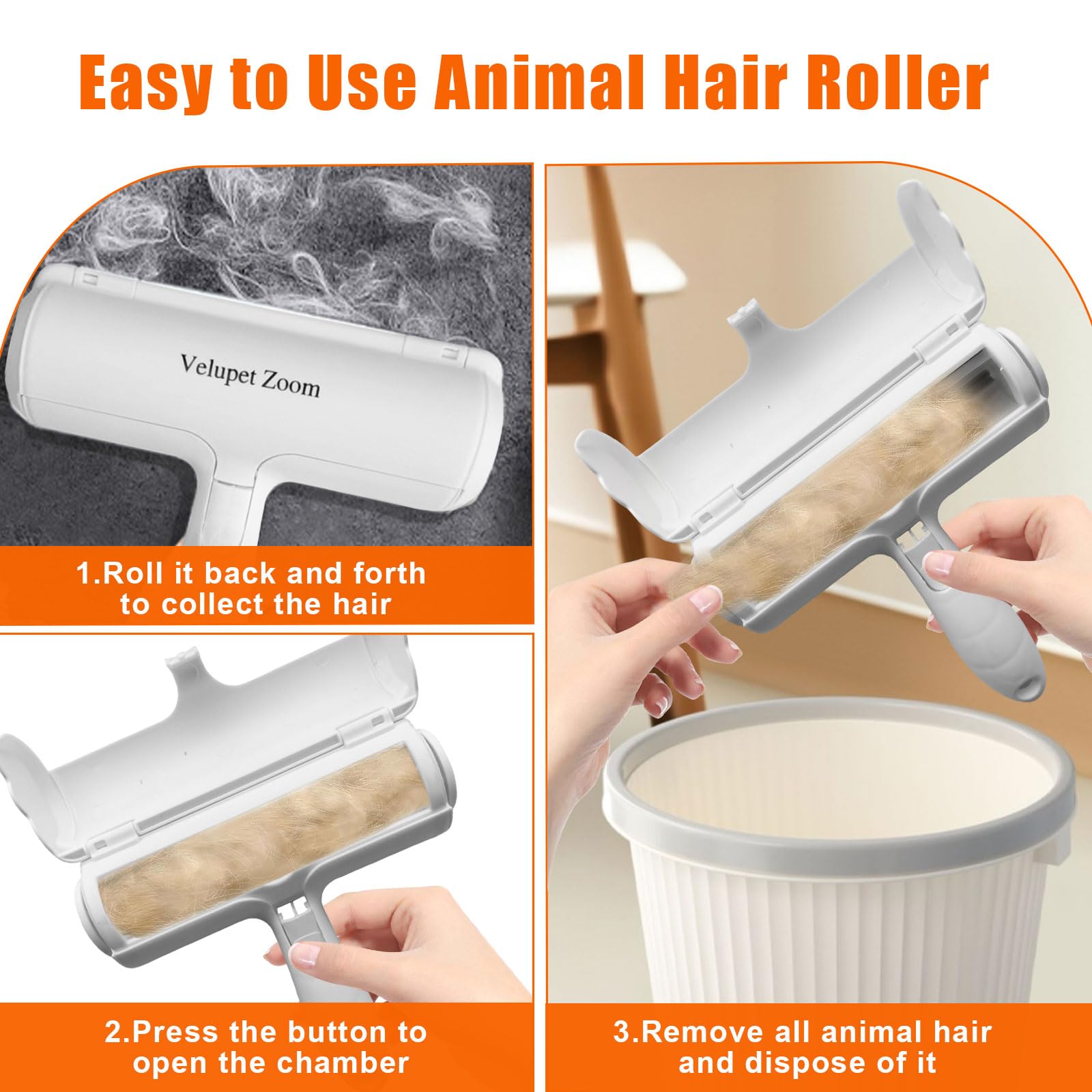 Rodillo removedor de pelo de mascotas para mascotas, herramienta de depilación de gatos, rodillo de pelusa reutilizable para muebles, sofá, alfombra, ropa y ropa de cama, blanco y gris