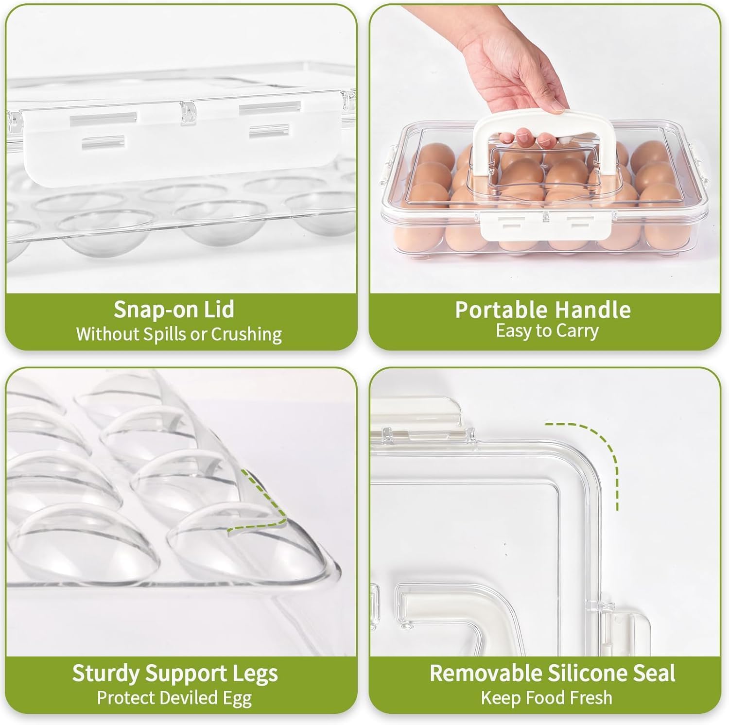 Deviled Egg Containers with Lid, 2 Pack Thick Clear Plastic Deviled Carrier with Handle Storage 48 Eggs, Stackable Egg Holder Portable Tray Platter for Fridge, Travel, Party-White