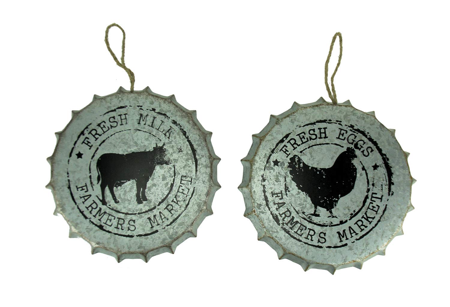 Direct International Rustic Metal Giant Bottle Cap Cow Chicken Farmhouse Decor Wall Plaques Set of 2