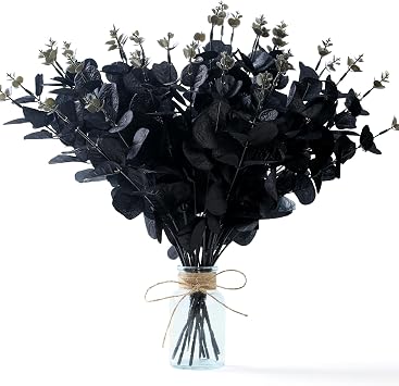 SITUMEIZI 10 Pcs Black Flower Artificial Eucalyptus Stems for Halloween Black Home Bathroom Bedroom Decor Skoopy Halloween Decorations 13.4 inch