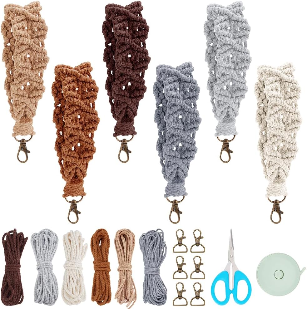 INFUNLY 6 Set DIY Macrame Keychain Kit Vintage Boho Macrames Palm Leaf Keychain Making Kit for Beginner Dark Color Macrame Keychain Starter Set with Instruction for Women Teen
