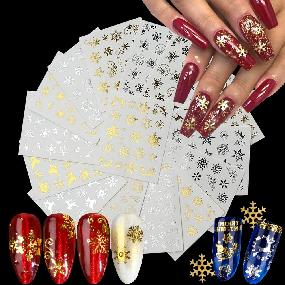 16 Sheets Christmas Nail Art Stickers Gold Nail Decals Water Transfer Winter Nails Sticker Snowflake Snowmen Xmas Tree Deer Nail Designs for Women Girls DIY Manicure Tips Nail Charms Decoration