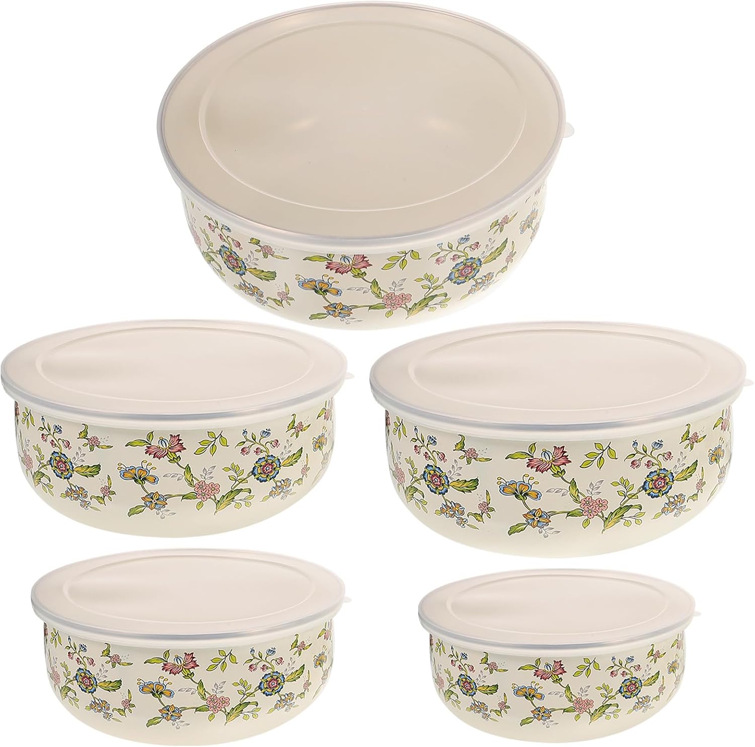 Enamel Mixing Bowls with Lids Set, 5PCS Floral Printed Nesting Bowls with Lids Set Food Storage Containers?enamel Mixing Bowl with for ing and Serving