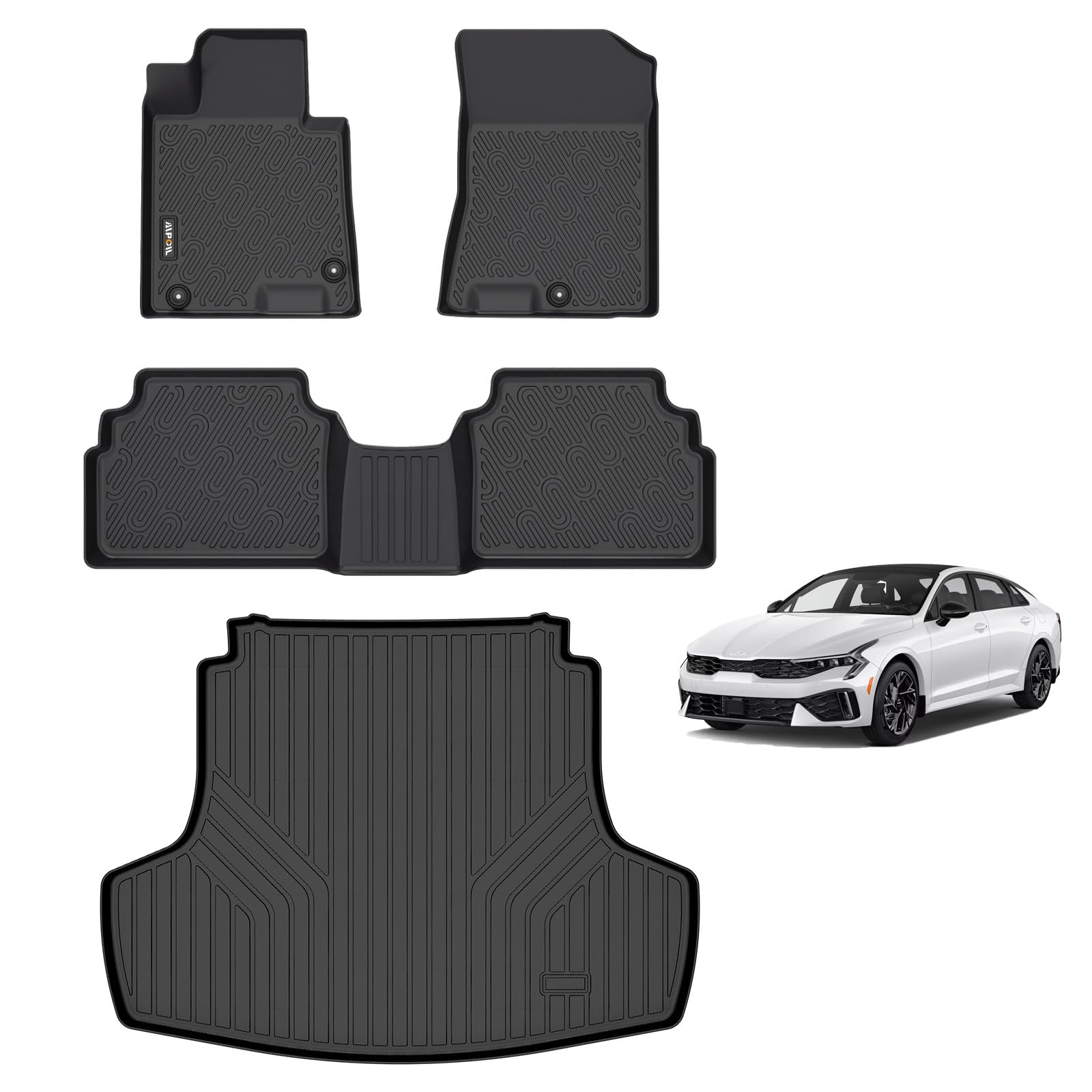 AIPOIL® Floor Mats & Cargo Liner Set for 2021-2025 Kia K5 (Only FWD Models) & 2020-2025 Hyundai Sonata (Include Hybrid) All Weather Protection Full Set Custom Car Mats Accessories - Black 4) For K5 2021-2025 Full Set