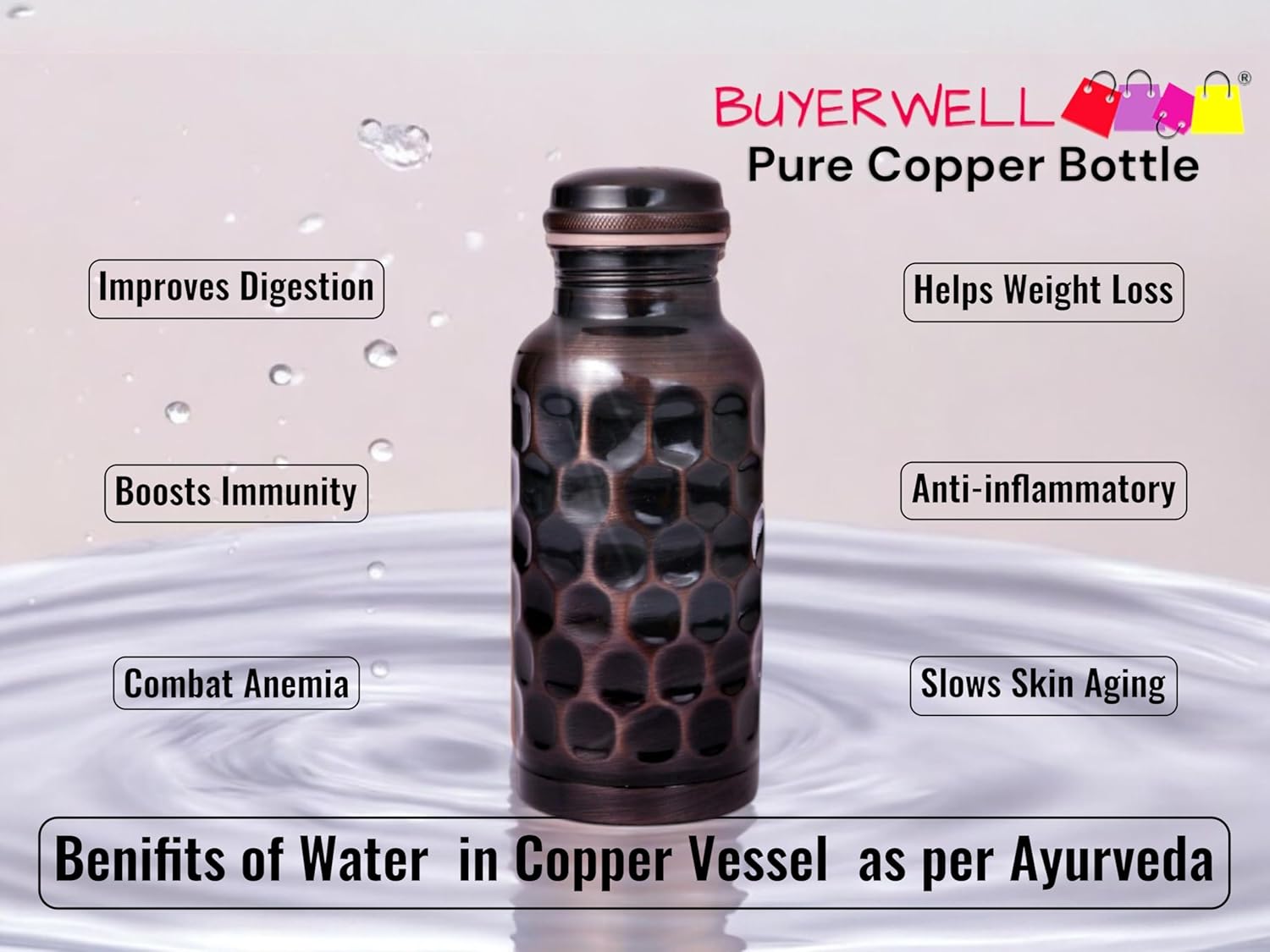 Pure Copper Antique Diamond Hammered Water Bottle 17 Oz with Lid Leak Proof Ayurveda Recommendation ,Copper Vessel Drink More Water Bottle Small Vintage Look