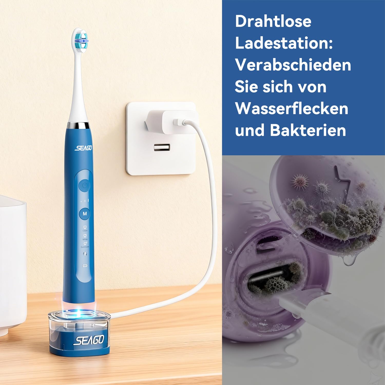 Seago Cepillo de dientes eléctrico con base de carga inalámbrica, cepillos de dientes ultrasónicos y estuche de viaje, temporizador de 2 minutos, 3 modos, 3 intensidades, 8 cabezales de cepillo, SG
